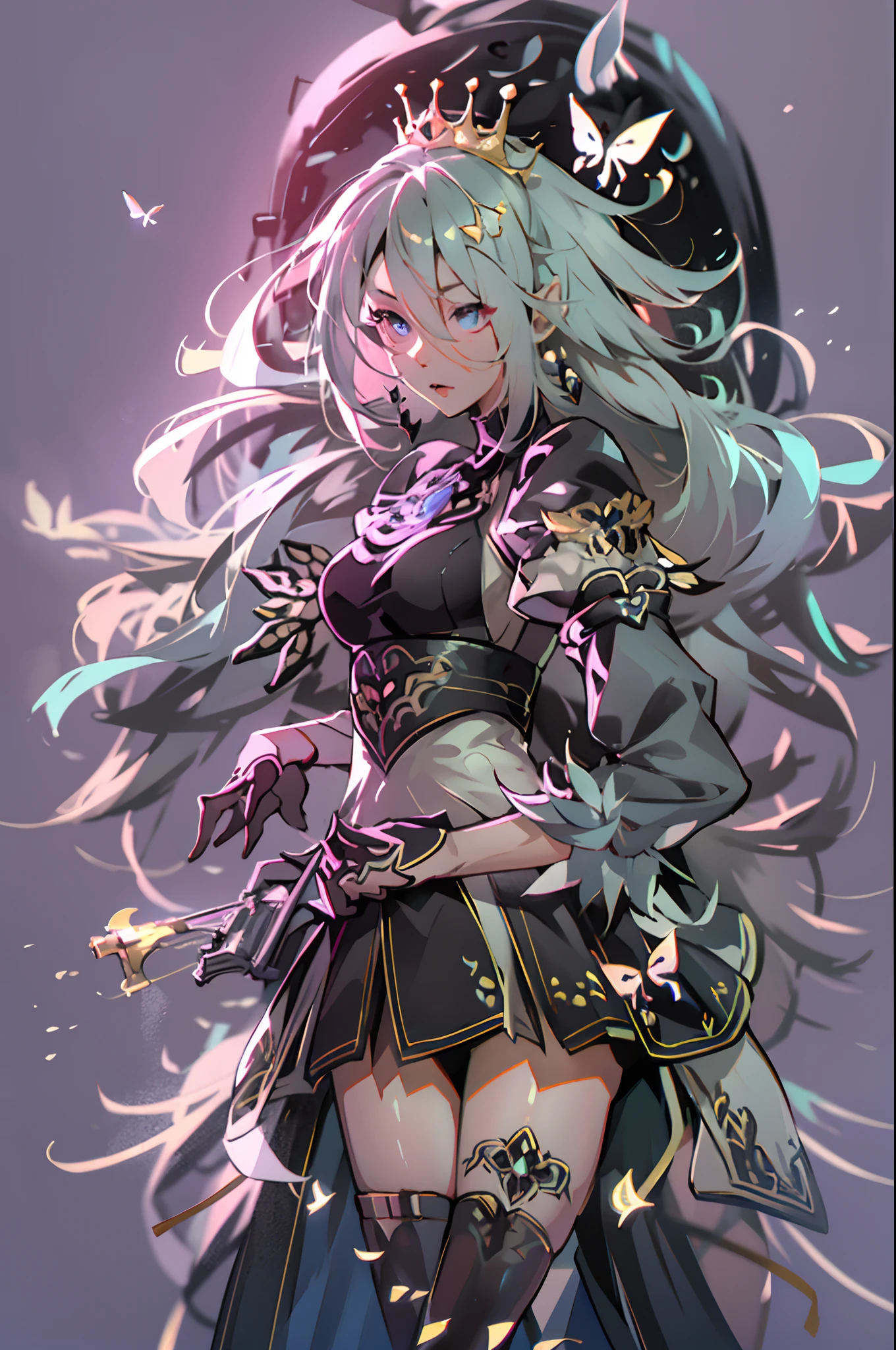 Octane Render、(Hyper-detailing: 1.15)、cinematic lightening、Taken from the side、Cute Fantasy Princess、Handgun shooting practice、Fine Pattern Pistol,long boots、ultradetailed eyes、Full Paint、(Floral hair ornament、butterfly hair ornament)、masutepiece、Anatomically correct、blur、depth of fields