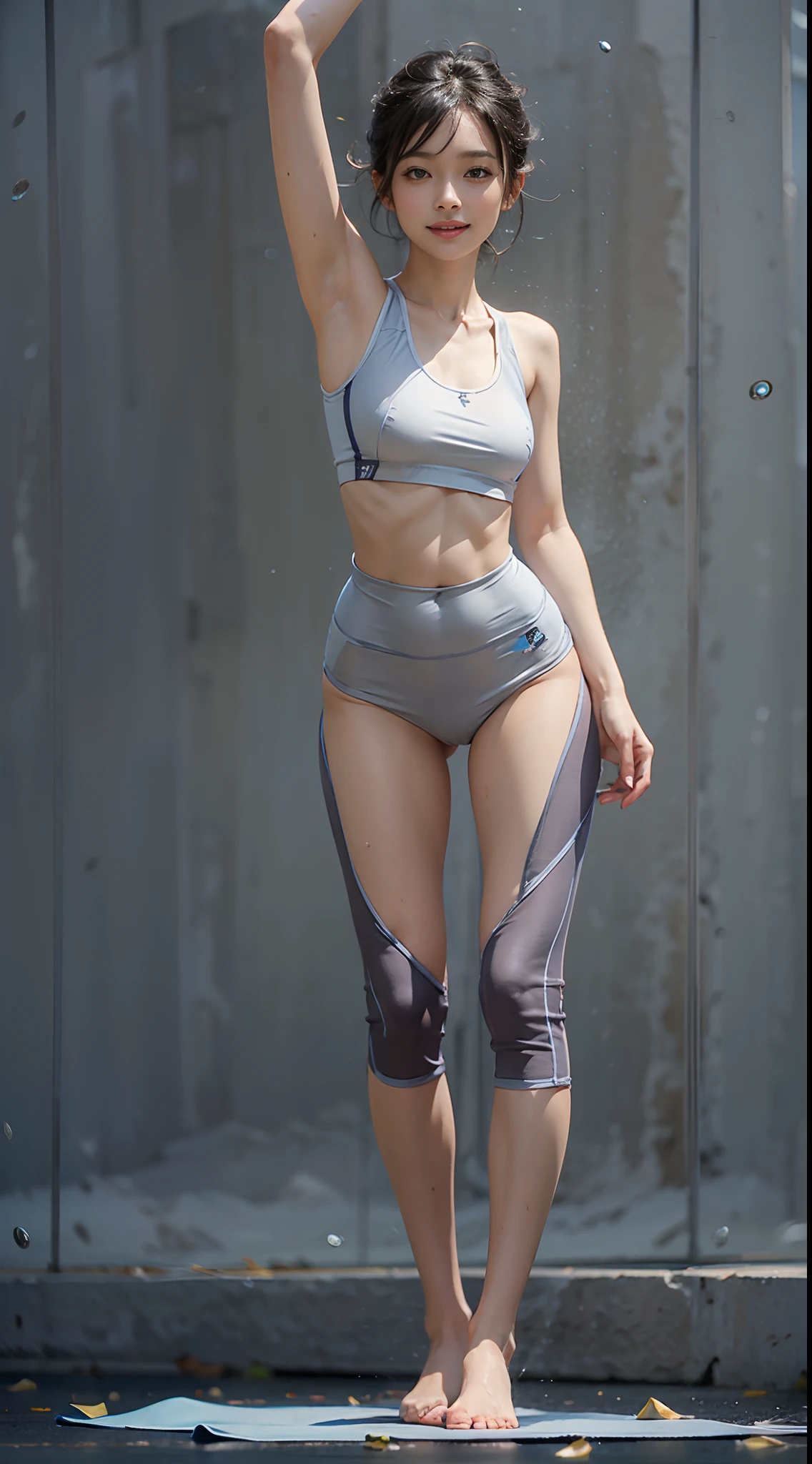 (NSFW), 1womanl, Solo, 24 year old, 7headed body, (cute face), (Ideal ratio body proportions), yoga, (((Yoga Wear))), ((((all-fours)))), Tank Tops, leggins, erectile nipple, Cameltoe, long , Sexy body, Wet, Smiling smile, short-hair, Dark hair, small tits, A slender, Small buttocks, beauty legs, Skinny Legs, surrealism, Cinematic lighting, depth of fields, One-person viewpoint, F/1.8, 135 mm, nffsw, masutepiece, ccurate, ((Anatomically correct)), Textured skin, Super Detail, high details, High quality, awardwinning, Best Quality, hight resolution, 8K