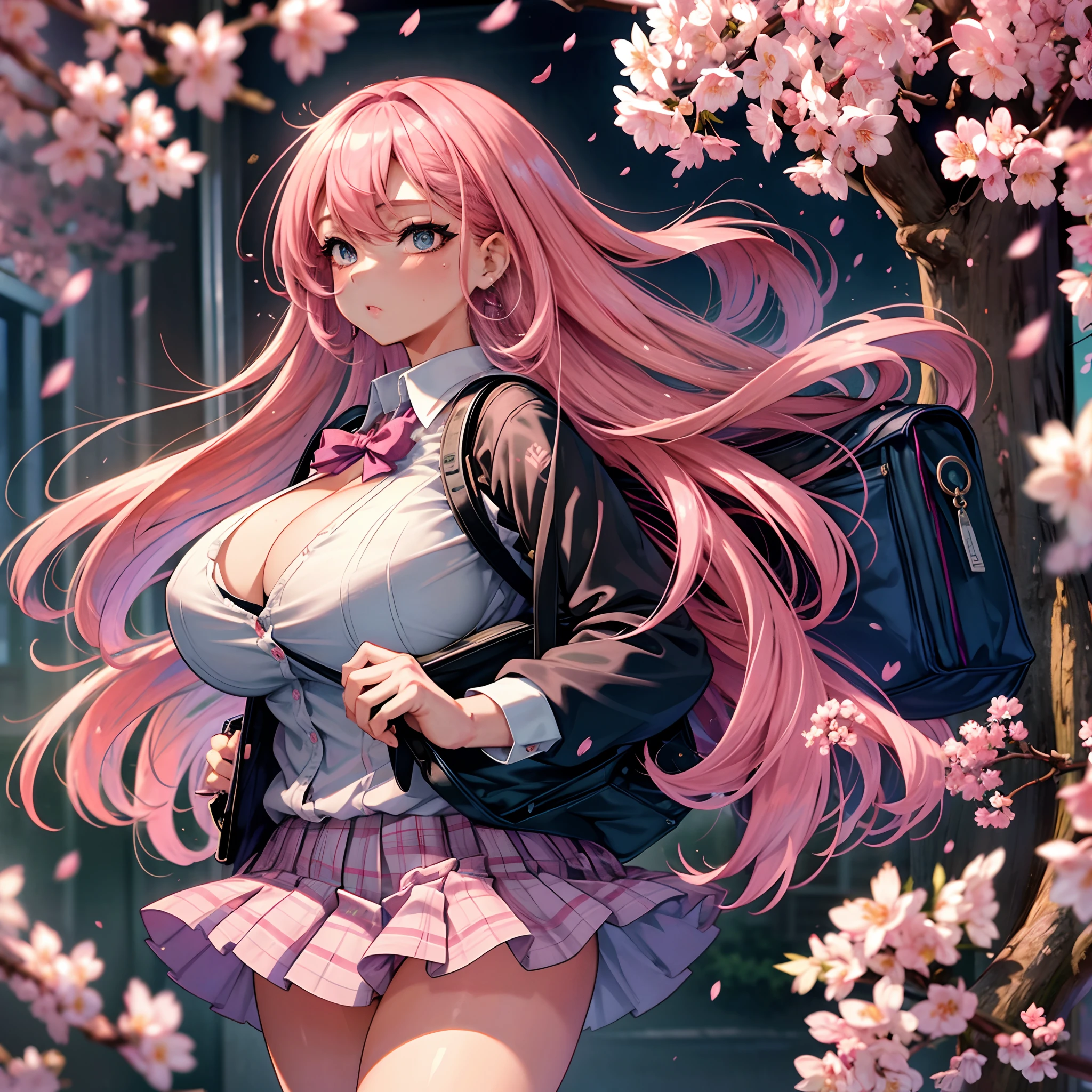 The most beautiful and sexy school girl, pink hair, blue eyes, huge gigantic tits, cleavage showing, wearing highly detailed and sexy school uniform and backpack, tons of tattoos and piercings, school campus, cherry blossoms blowing in the wind, highly detailed background, perfect masterpiece, high quality, high resolution