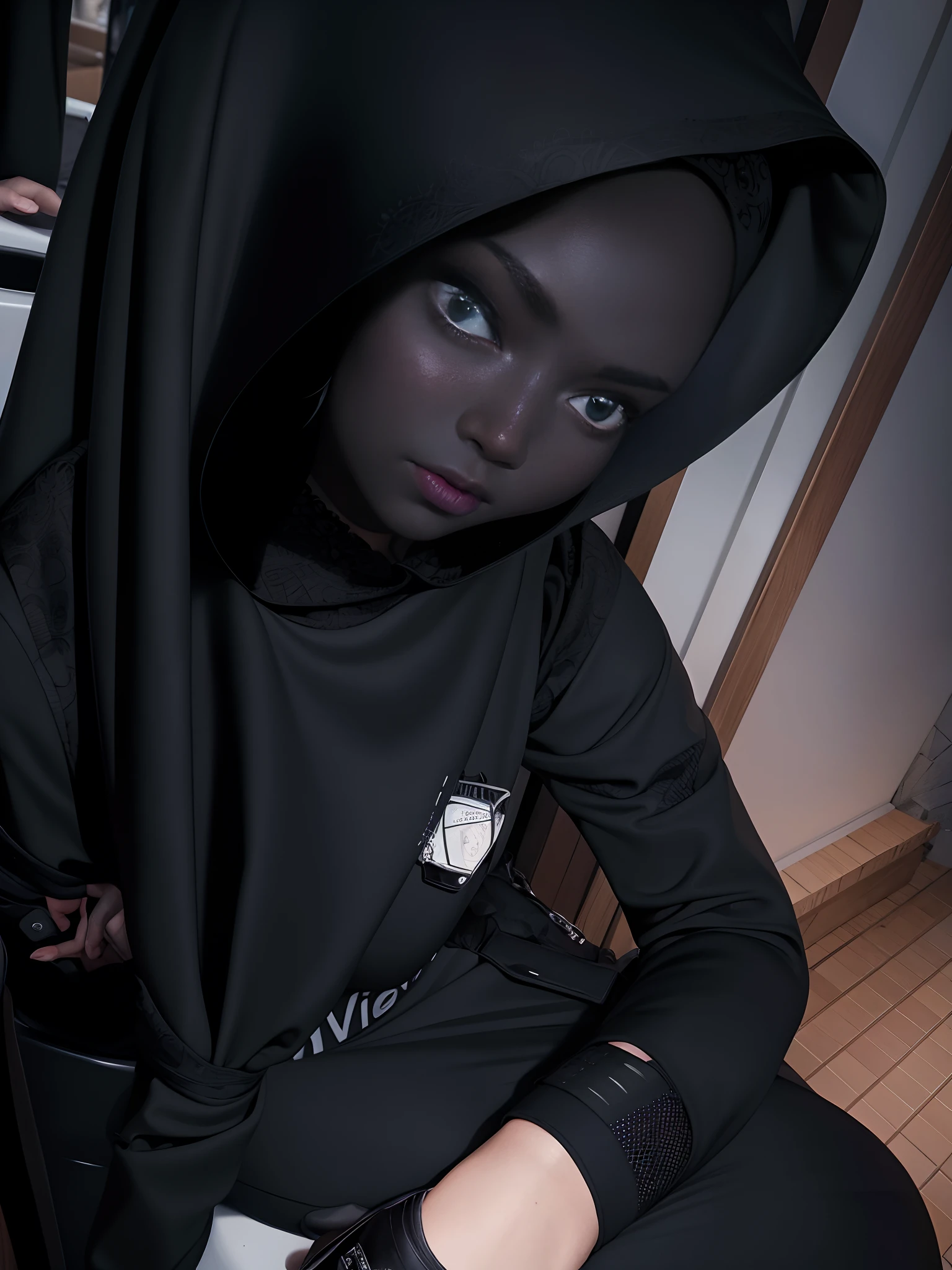 there is a woman in a black hoodie sitting on a toilet, 30 years old woman, 3 0 years old woman, old picture, in water, 3 2 years old, 2 7 years old, 2 8 years old, 2 9 years old, profile picture 1024px, malaysian, 38 years old, hijab, with accurate face