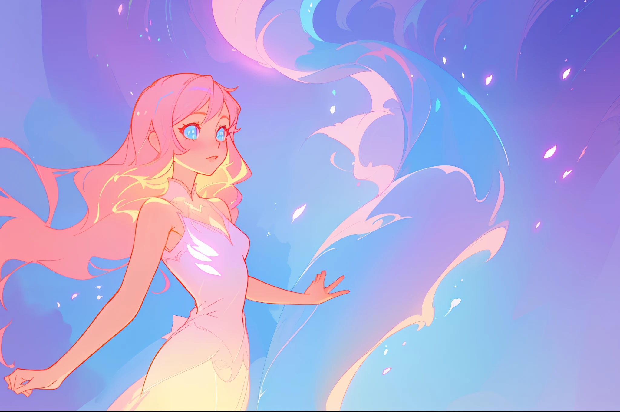 beautiful anime girl in glowing intricately designed ballgown, inspired by Glen Keane, inspired by Lois van Baarle, disney art style, by Lois van Baarle, glowing aura around her, by Glen Keane, jen bartel, glowing lights! digital painting, flowing glowing hair, glowing flowing hair, beautiful digital illustration, fantasia background, whimsical, magical, fantasy, beautiful face, ((masterpiece, best quality)), intricate details, highly detailed, sharp focus, 8k resolution, sparkling detailed eyes, liquid watercolor