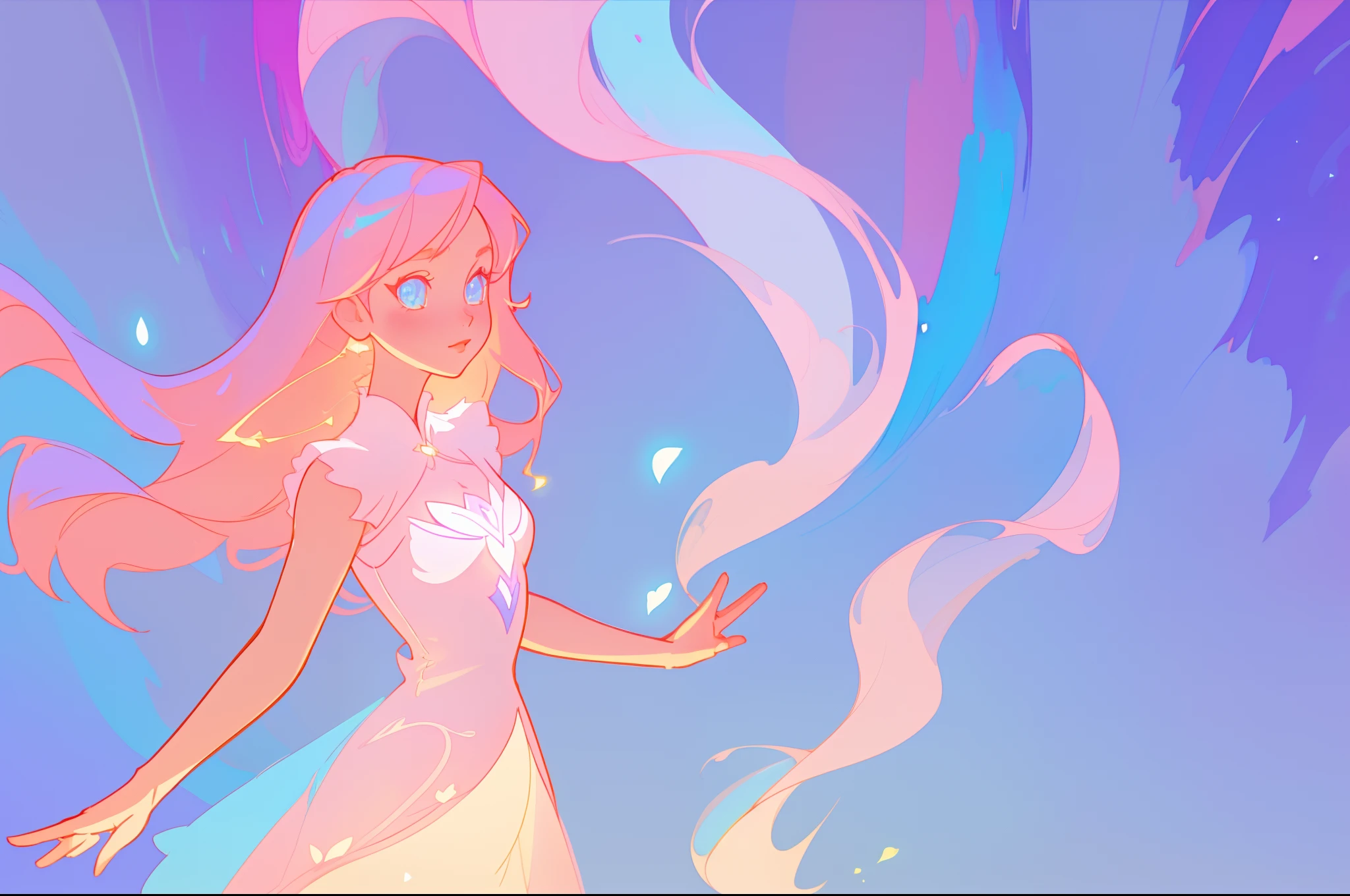 beautiful anime girl in glowing intricately designed ballgown, inspired by Glen Keane, inspired by Lois van Baarle, disney art style, by Lois van Baarle, glowing aura around her, by Glen Keane, jen bartel, glowing lights! digital painting, flowing glowing hair, glowing flowing hair, beautiful digital illustration, fantasia background, whimsical, magical, fantasy, beautiful face, ((masterpiece, best quality)), intricate details, highly detailed, sharp focus, 8k resolution, sparkling detailed eyes, liquid watercolor