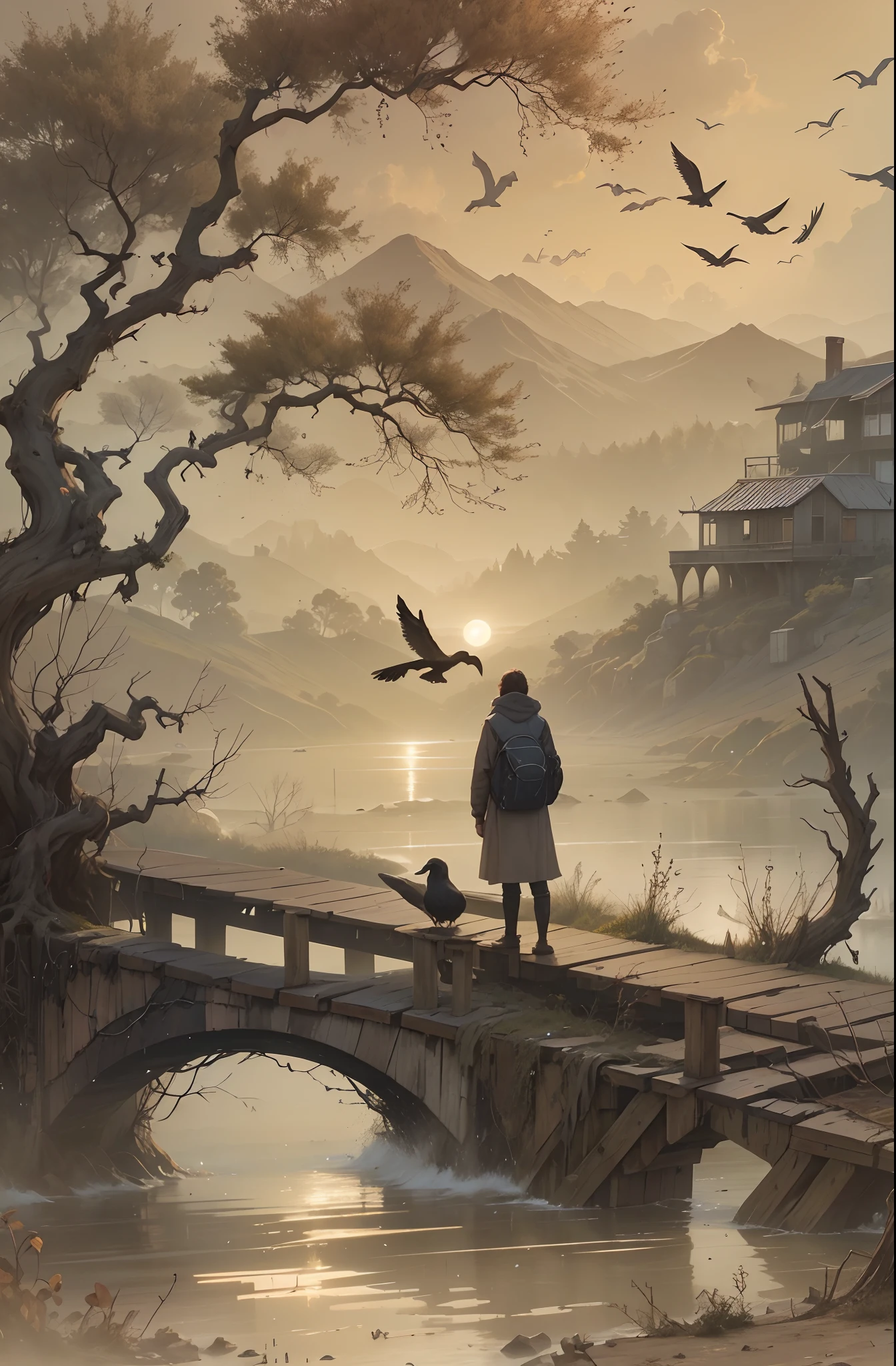 A flock of crows perched on an old tree，Surrounded by withered vines, Cry in an unforgettable chorus, When the sun slowly tarnishes and sets in the west. The sound of splashing water under the bridge echoed, A family smokes on the banks of the river. A tired horse battling the westerly winds on a dilapidated road. In the bleak night, Only lone travelers wander in the distance. (Best quality, 4K, A high resolution, Masterpiece: 1.2), Ultra-detailed, Realistic: 1.37, hdr, Studio lighting, Deep atmosphere, The hue darkens, ethereal glowing.