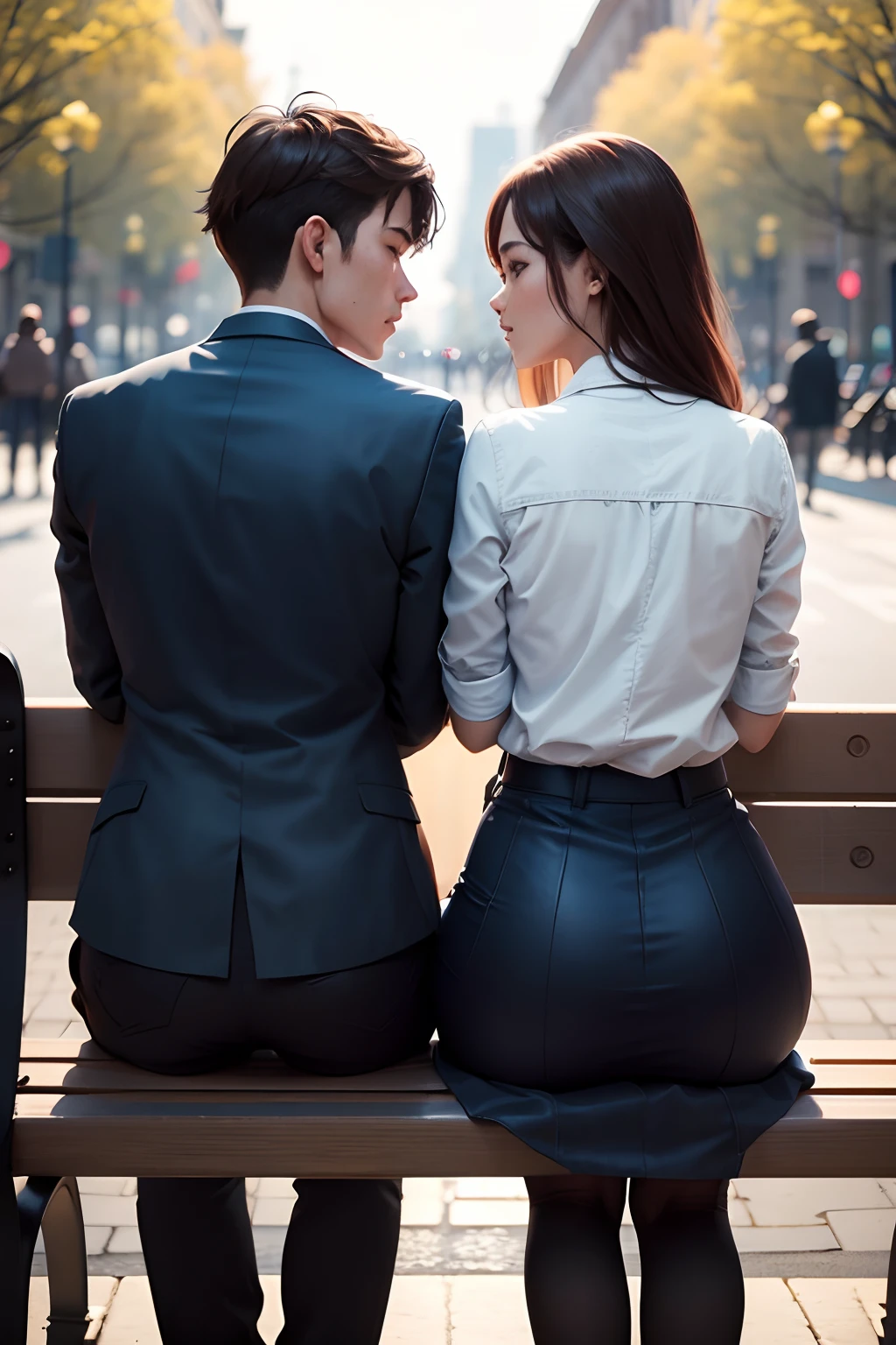 Fighting couple sitting on the bench of the square with their backs to each other