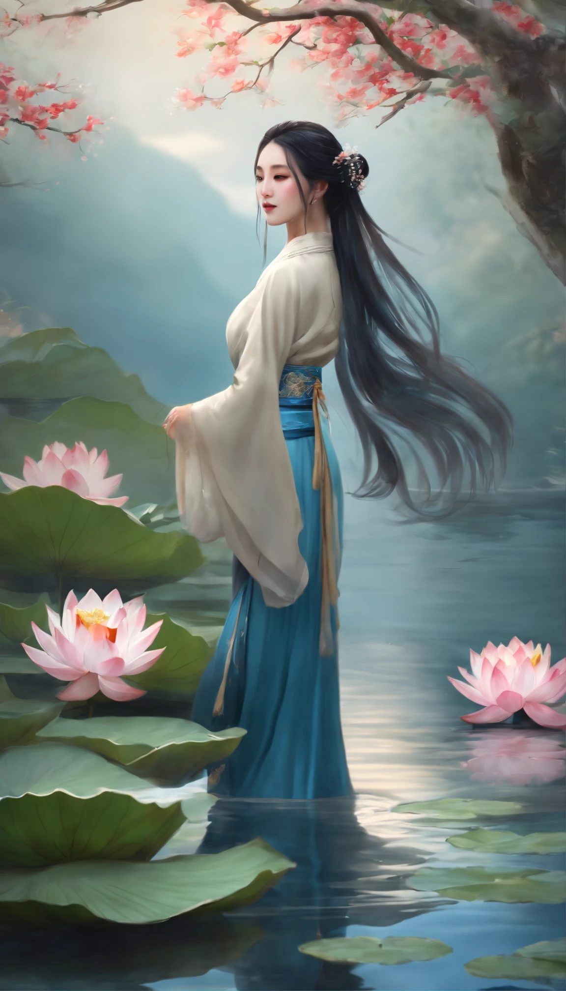((4k,masterpiece,best quality)), shuimobysim, Chinese painting, lotus, hanfu, maxiskit, dress open, swf 1girl, solo, long blue hair, smile, standing, feet in the water, barefoot,