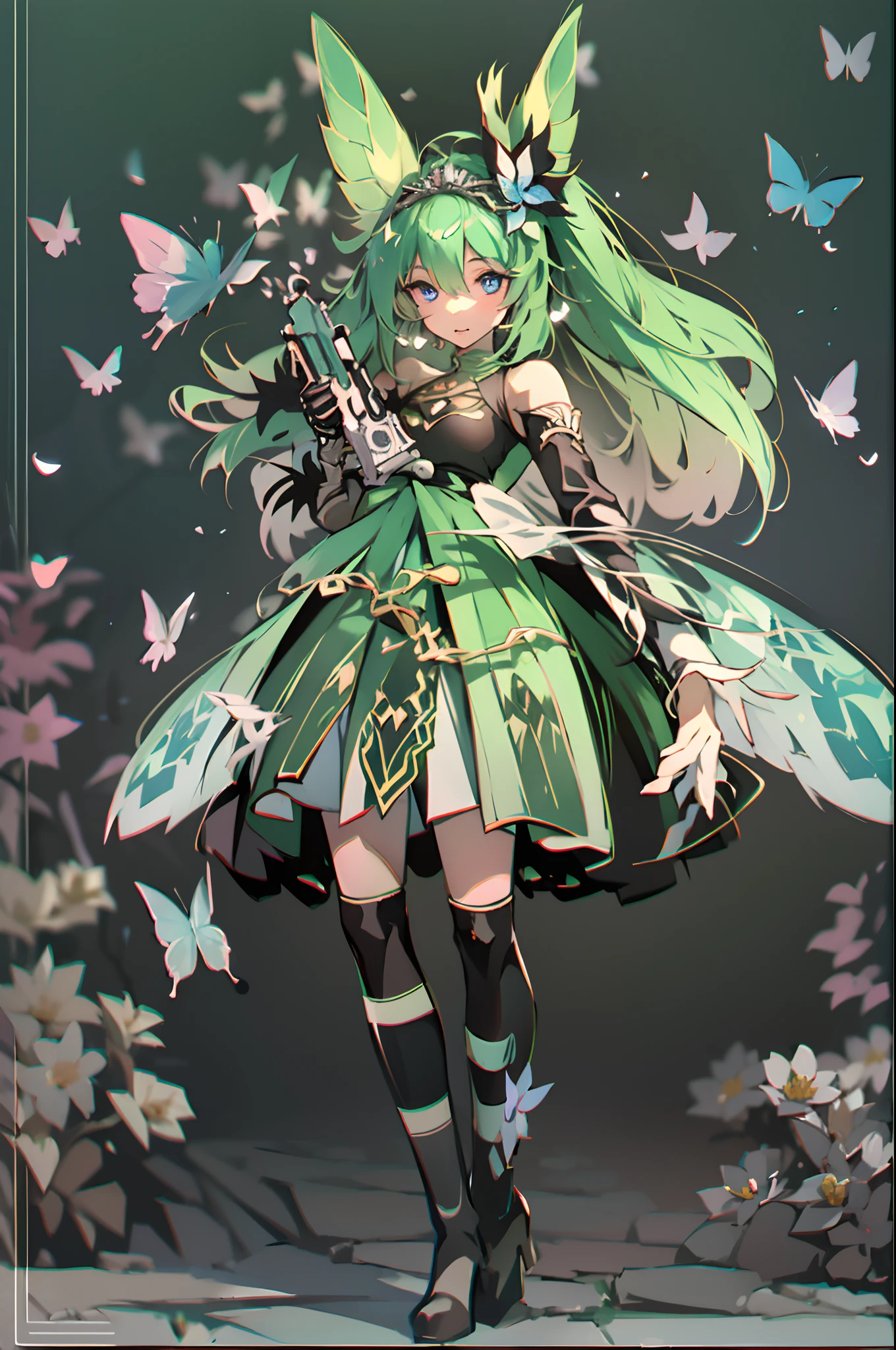 Octane Render、(Hyper-detailing: 1.15)、cinematic lightening、Taken from the side、Cute Fantasy Princess、Handgun shooting practice、Fine Pattern Pistol,long boots、ultradetailed eyes、Full Paint、(Floral hair ornament、butterfly hair ornament)、masutepiece、Anatomically correct、blur、depth of fields