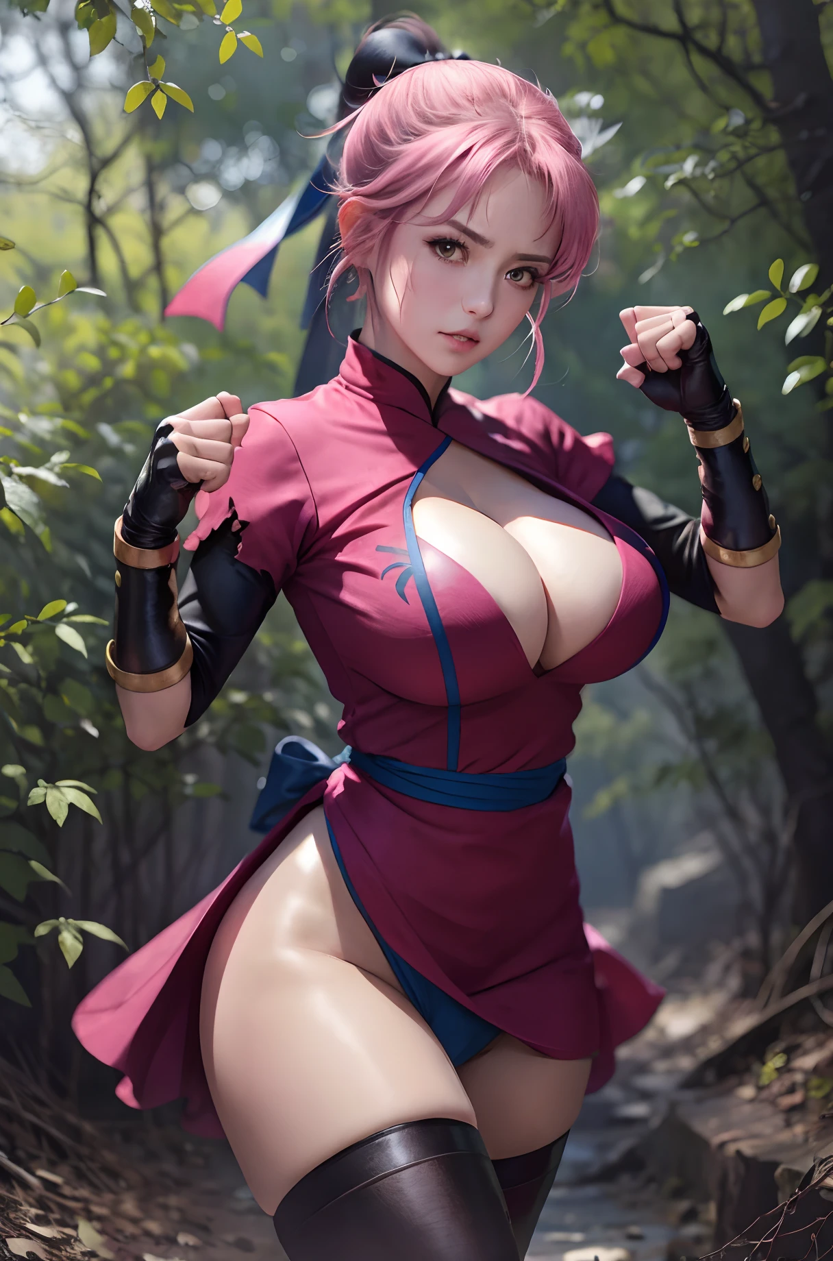 (masterpiece, Best Quality:1.1), (hold fists, action pose,:1.1), Maam, Dragon quest, 1girl in, Solo, (ultra gigantic tits, nipple, panty, Short hair, Pink hair, parted bang, Bun cover,:1.1, Fingerless gloves, Pink gloves, torn Chinese clothes:1.25, Torn pink dress:1.25, bow ribbon, long boots), In the deep forest,