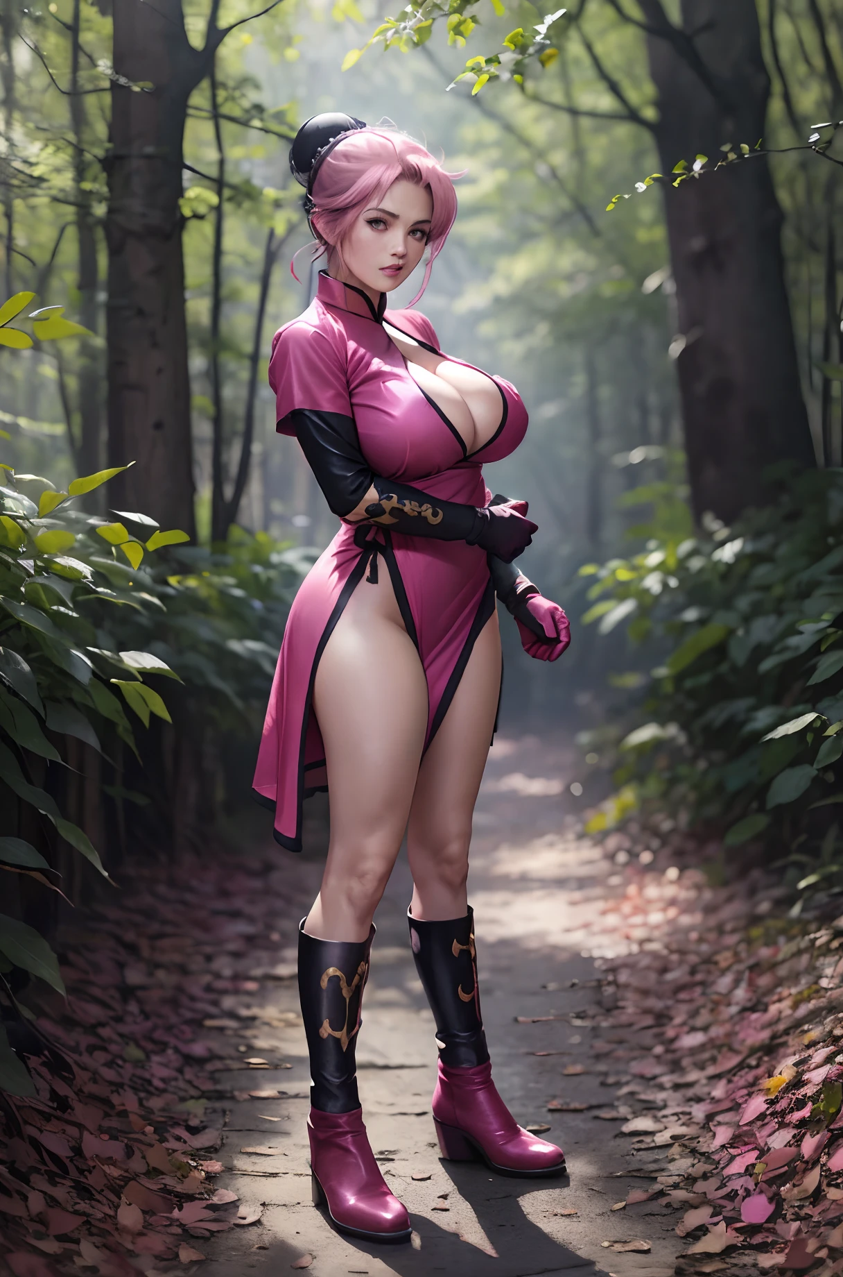 (masterpiece, Best Quality:1.1), (hold fists, action pose,:1.1), Maam, Dragon quest, 1girl in, Solo, (ultra gigantic tits, nipple, panty, Short hair, Pink hair, parted bang, Bun cover,:1.1, Fingerless gloves, Pink gloves, torn Chinese clothes:1.25, Torn pink dress:1.25, bow ribbon, long boots), In the deep forest,