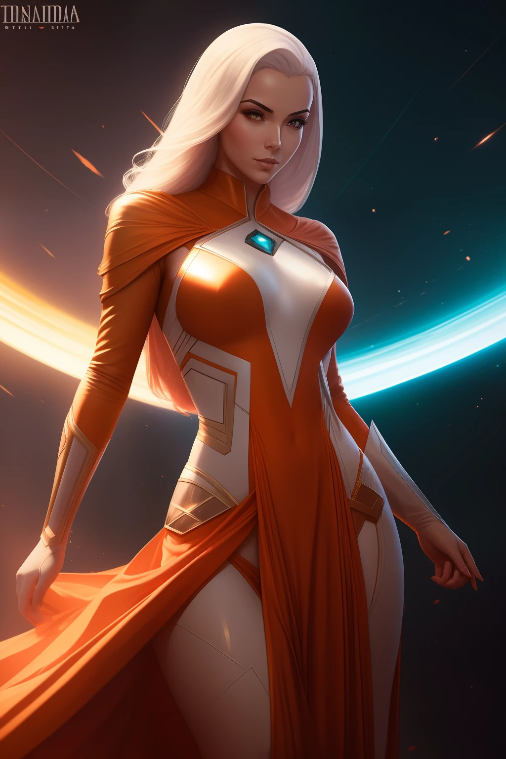 Arte similar Jonh Buscema,mulher 25 anos astronauta bonito 1950 , olhos azuis profundos, Clothes in orange color metallic white details, cinemactic, photo shoot, Meia luz de fundo, luz de fundo, dramatic lighting , Incandescente, soft lighting, Insanamente detalhado e intrincado, Hiper maximalista, Art not Guweiz style, pose elegante, Dynamic, fotografia, volumetric , ultra detalhado, detalhes intrincados, Obra-prima super detalhada de Guweiz, futuristic environment