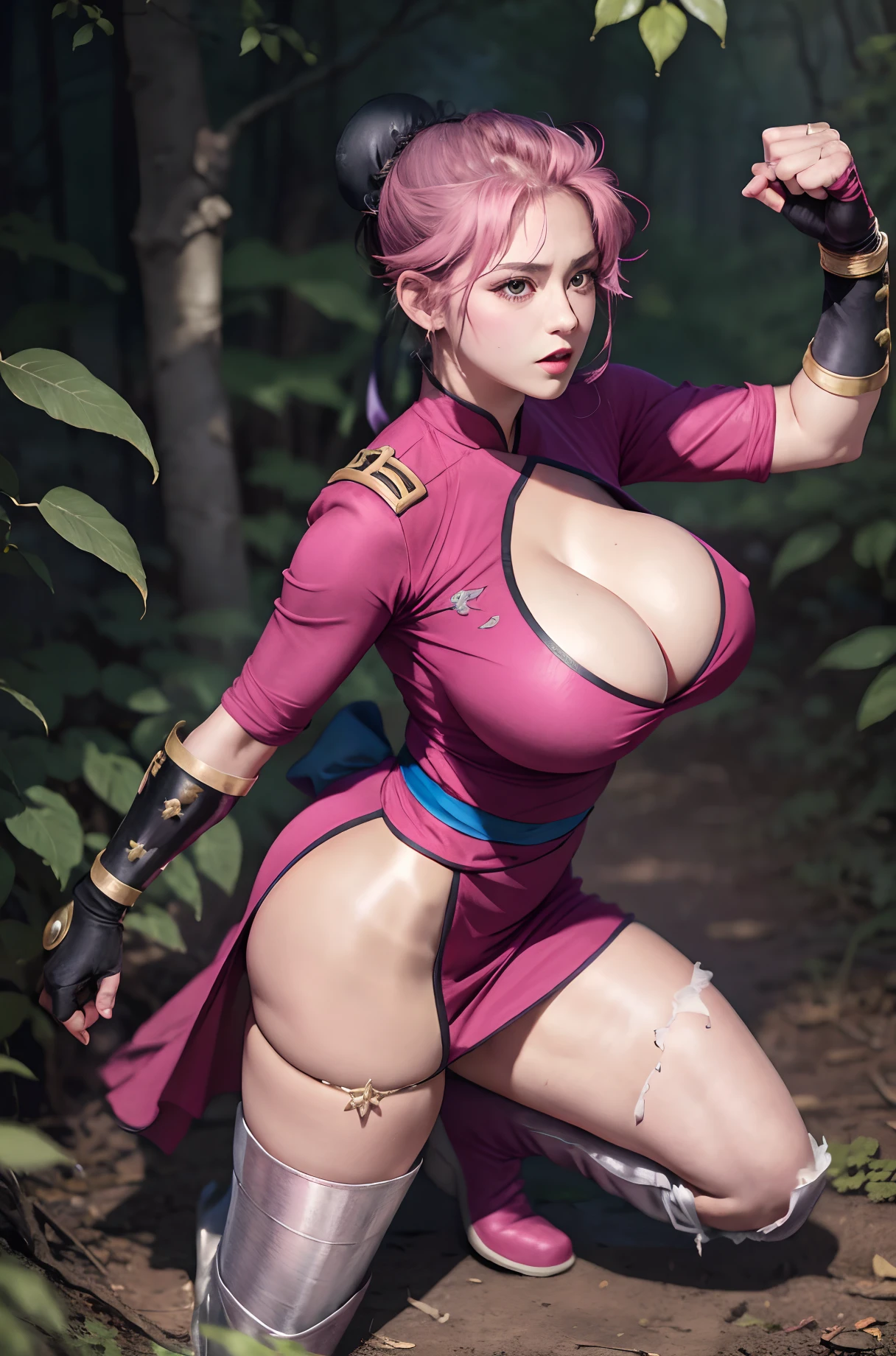 (masterpiece, Best Quality:1.1), (hold fists, action pose,:1.1), Maam, Dragon quest, 1girl in, Solo, (ultra gigantic tits, nipple, panty, Short hair, Pink hair, parted bang, Bun cover,:1.1, Fingerless gloves, Pink gloves, torn Chinese clothes:1.25, Torn pink dress:1.25, bow ribbon, long boots), In the deep forest,