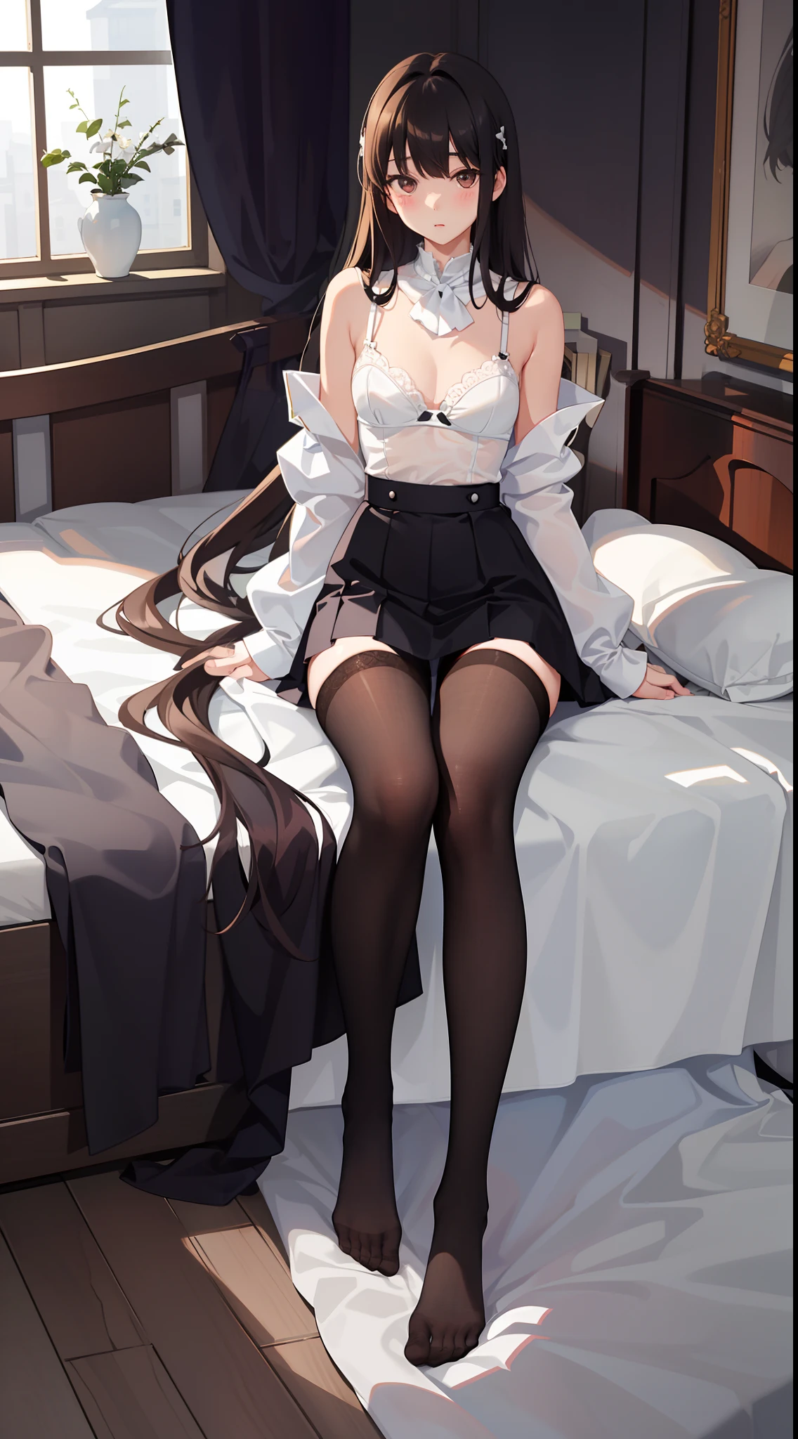 Top quality, masterpiece, very detailed, (full body shot from head to toe), frontal composition, symmetrical composition, very beautiful  girl, small breasts, (white frilly panties), (white frilly bra), (black pantyhose), (black tights), (no shoes) From above, a body lying on a white sheet, legs spread, legs spread in an M shape, black stockings, (white frilly panties), (white frilly bra), Mikoto Misaka, brown very long hair, brown eyes