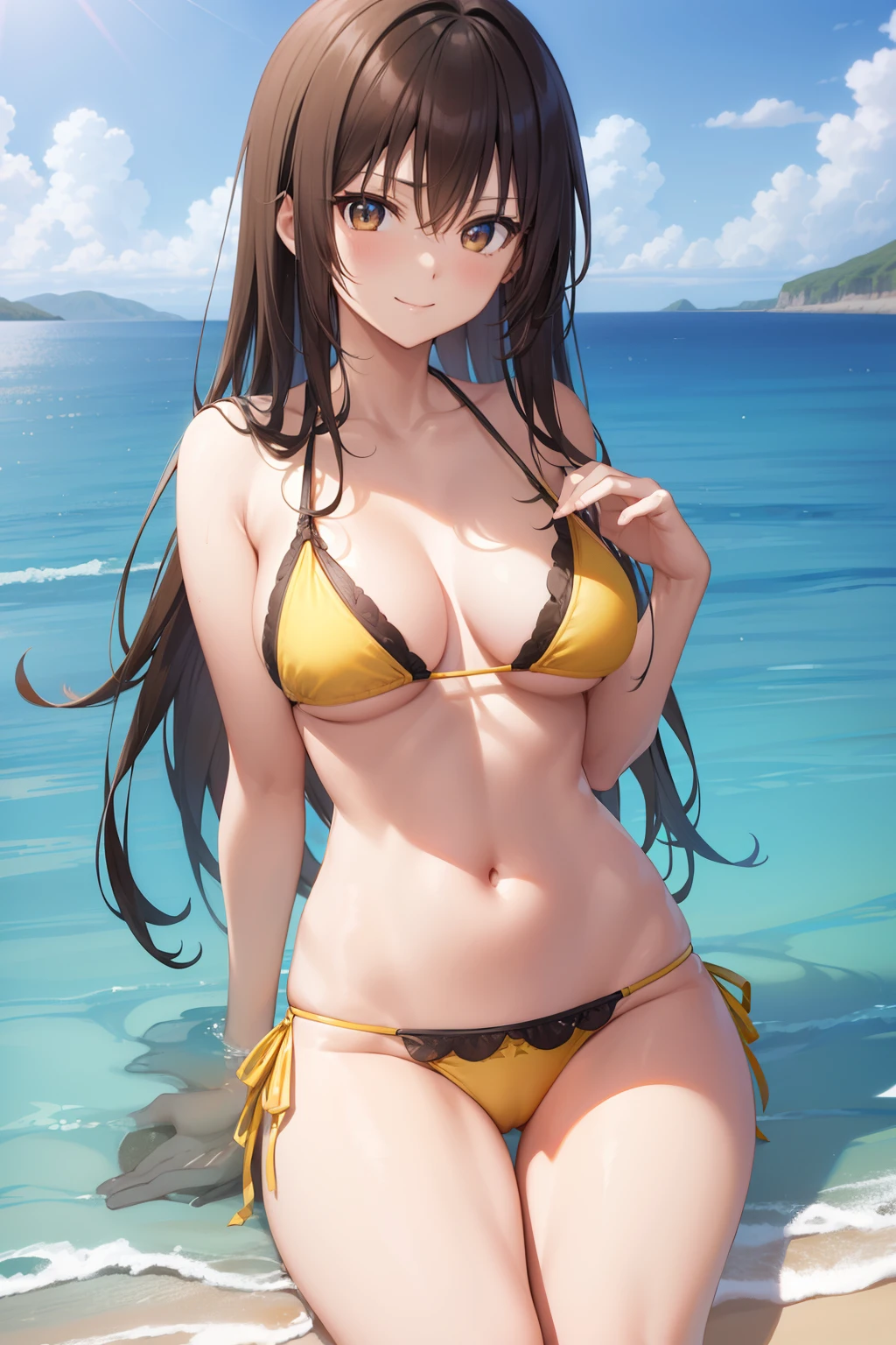 Kotegawayui, Yui Kotegawa, 独奏、Black hair, (Brown eyes:1.5), Long hair, BREAK looking at viewer, BREAK (masutepiece:1.2), Best Quality, High resolution, Unity 8k壁纸, (Illustration:0.8), (Beautiful detailed eyes:1.6), extra detailed face, Perfect Lighting, extremely details CG, (Perfect hands, Perfect Anatomy),(the beach)、(Yellow Bikini:1.3)、a smile