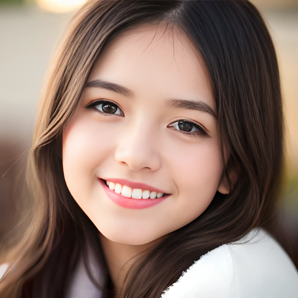 Looking at the audience, light makeup, realism, realistic photos, professional color correction, 8K, F2.4 aperture, 35mm lens, only the face area is included, smile, 18 years old