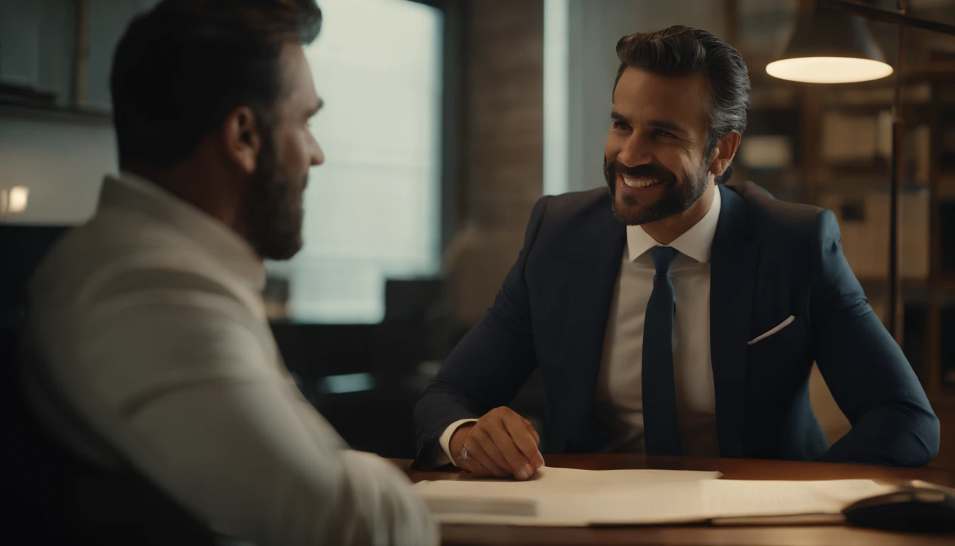 Visualize o Pai Rico como um homem confiante e elegante, com um sorriso sutil no rosto, Discussing financial strategies in a well-lit office