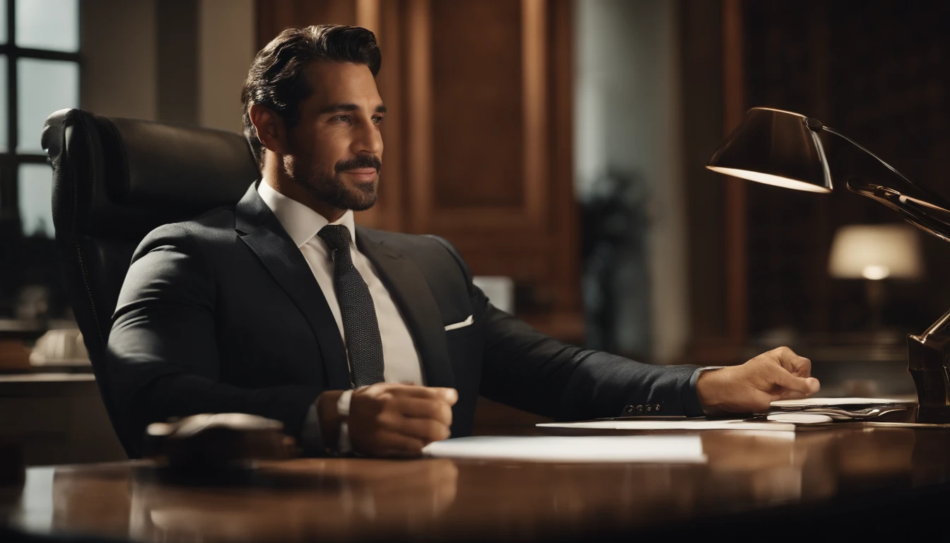 Visualize o Pai Rico como um homem confiante e elegante, com um sorriso sutil no rosto, Discussing financial strategies in a well-lit office
