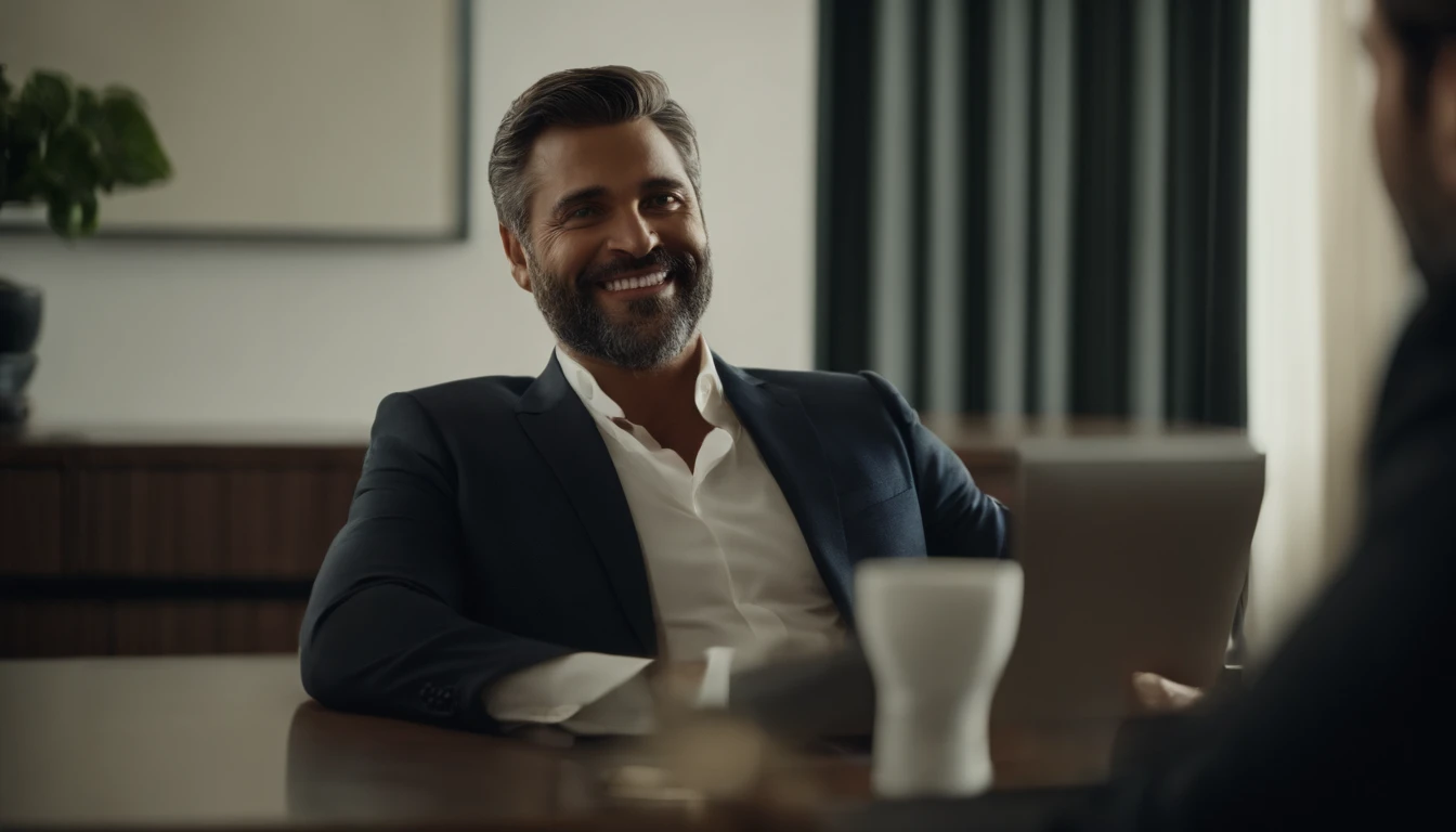 Visualize o Pai Rico como um homem confiante e elegante, com um sorriso sutil no rosto, Discussing financial strategies in a well-lit office