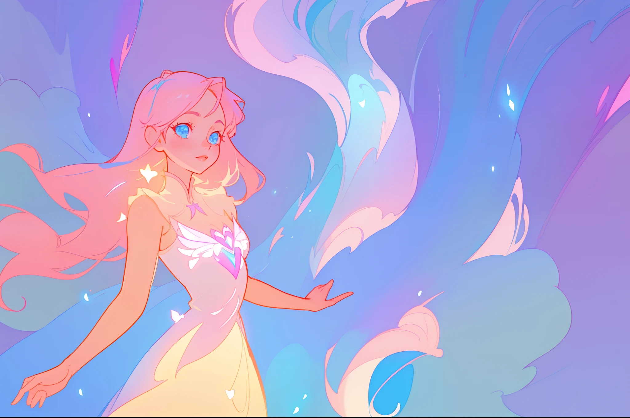 beautiful anime girl in layered intricately designed ballgown, inspired by Glen Keane, inspired by Lois van Baarle, disney art style, by Lois van Baarle, glowing aura around her, by Glen Keane, jen bartel, glowing lights! digital painting, flowing glowing hair, glowing flowing hair, beautiful digital illustration, fantasia background, whimsical, magical, fantasy, beautiful face, ((masterpiece, best quality)), intricate details, highly detailed, sharp focus, 8k resolution, sparkling detailed eyes, liquid watercolor