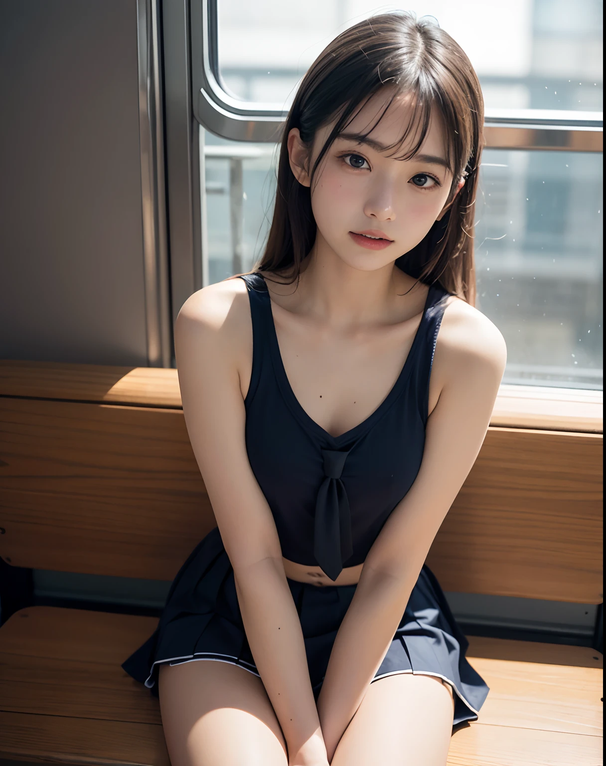 (masutepiece, Best Quality:1.2), 8K, , 85 mm, Official art, Raw photo, absurderes, White dress shirts, Pretty Face, close up, Upper body, violaceaess, gardeniass, Beautiful Girl, School uniform, (Navy pleated skirt:1.1), Cinch West, thighs thighs thighs thighs, Short sleeve, on train, Sit on a bench seat, Looking at Viewer, No makeup, (Smile:0.4), Film grain, chromatic abberation, Sharp Focus, face lights, clear lighting, Teen, Detailed face, Bokeh background, (dark red necktie:1.1)