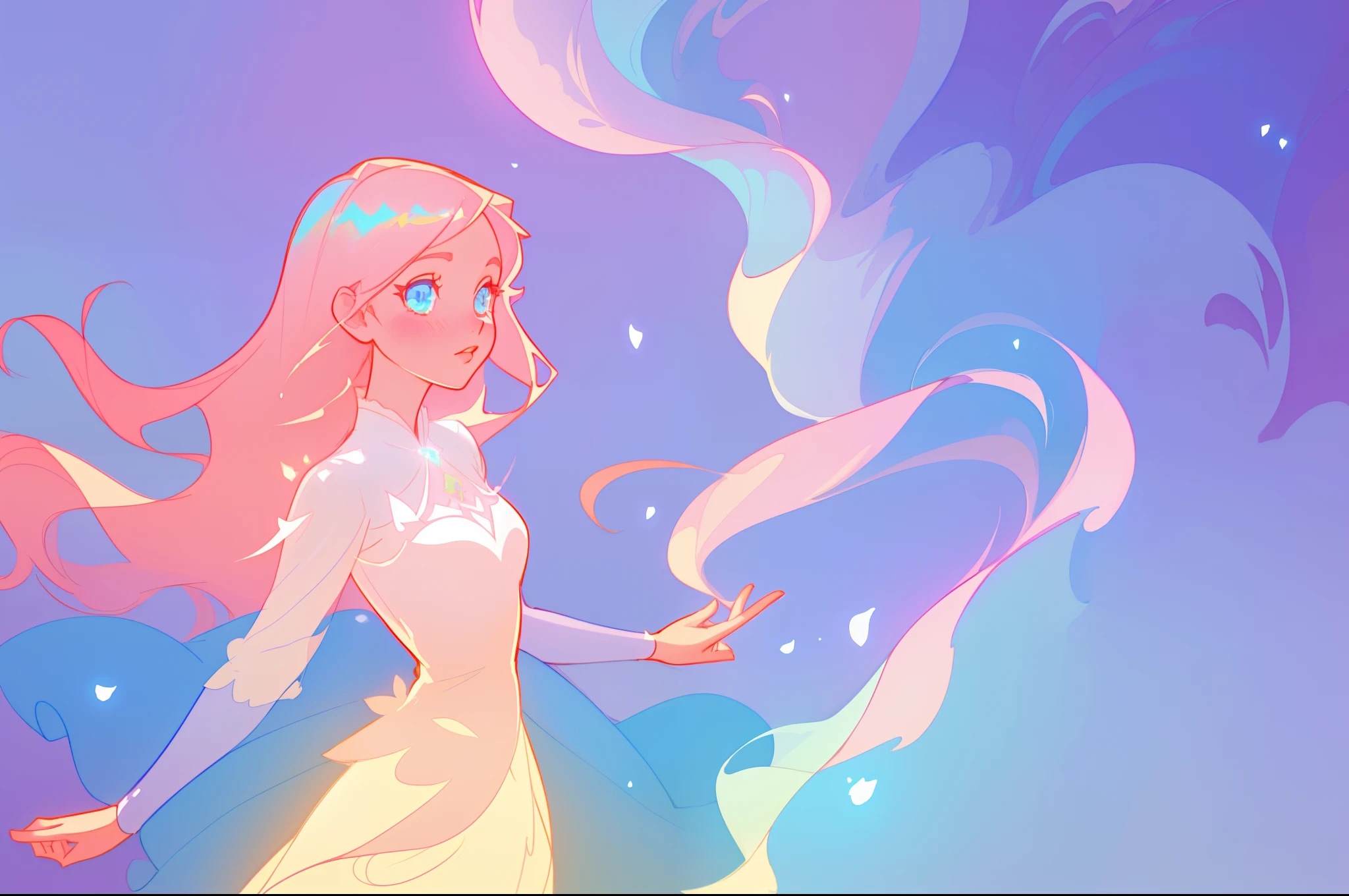beautiful anime girl in layered intricately designed ballgown, inspired by Glen Keane, inspired by Lois van Baarle, disney art style, by Lois van Baarle, glowing aura around her, by Glen Keane, jen bartel, glowing lights! digital painting, flowing glowing hair, glowing flowing hair, beautiful digital illustration, fantasia background, whimsical, magical, fantasy, beautiful face, ((masterpiece, best quality)), intricate details, highly detailed, sharp focus, 8k resolution, sparkling detailed eyes, liquid watercolor