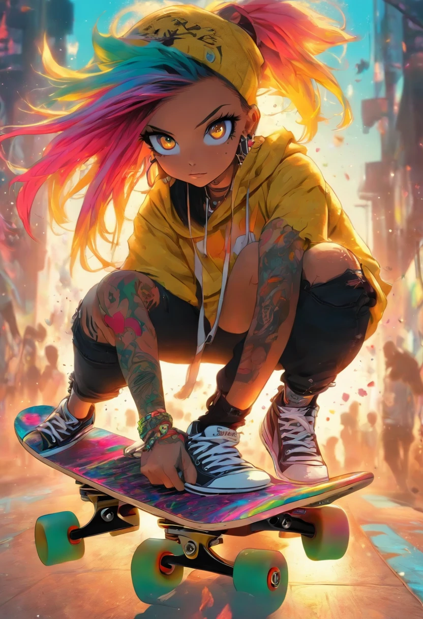 The most beautiful and sexy skateboard girl, rainbow colored hair, yellow eyes, wearing hoodie, graphic t-shirt, torn skinny jeans and highly detailed skateboard gear, tons of tattoos and piercings, highly detailed background, perfect masterpiece, high quality, high resolution
