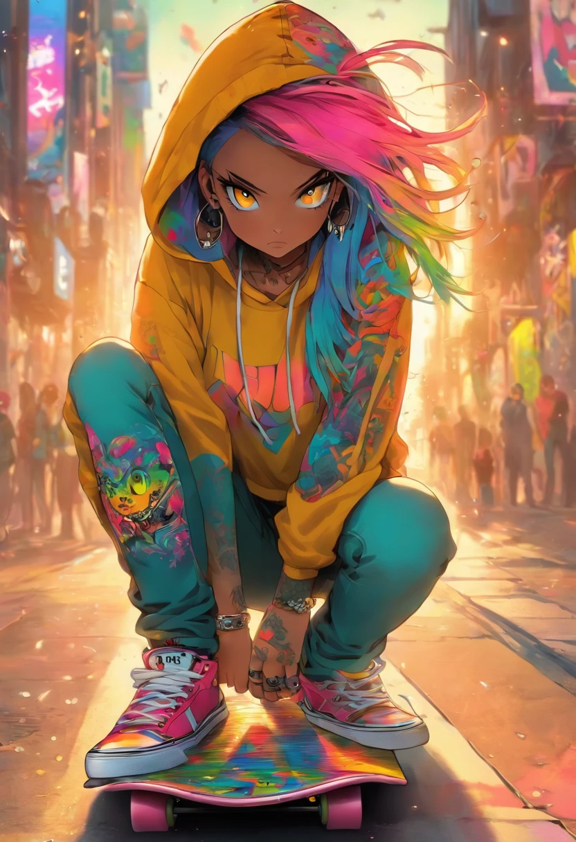 The most beautiful and sexy skateboard girl, rainbow colored hair, yellow eyes, wearing hoodie, graphic t-shirt, torn skinny jeans and highly detailed skateboard gear, tons of tattoos and piercings, highly detailed background, perfect masterpiece, high quality, high resolution