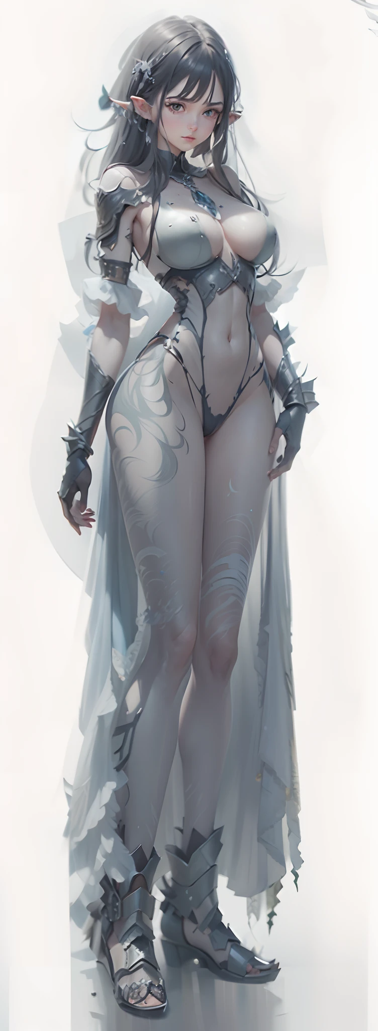silber hair,hentail realism, shadowing,，character sheets, reference sheet, Standing painting, 8K, Super detail, 1080p, Women's HD，Female elf，Elves，femele, 16k, A high resolution, Best quality, High quality, Anatomically correct, Masterpiece, ccurate, hyper HD，As graceful as a swan，unreal-engine， Ghibli-like colors,   anime big breast,  Standing painting, angle of view,battle armor，