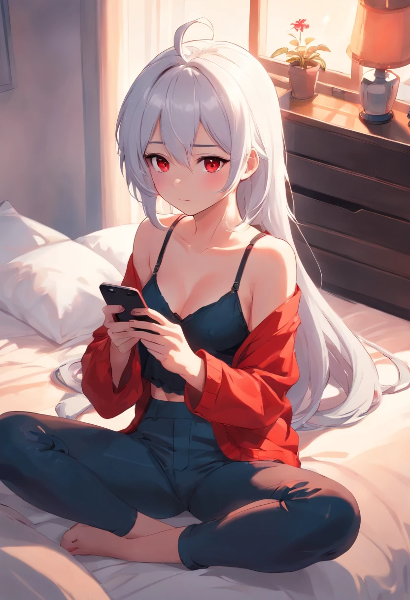 Girl with white hair and red pupils,Clothes are only black bra and pants Overexposed A sexy Sitting on bed playing with mobile phone