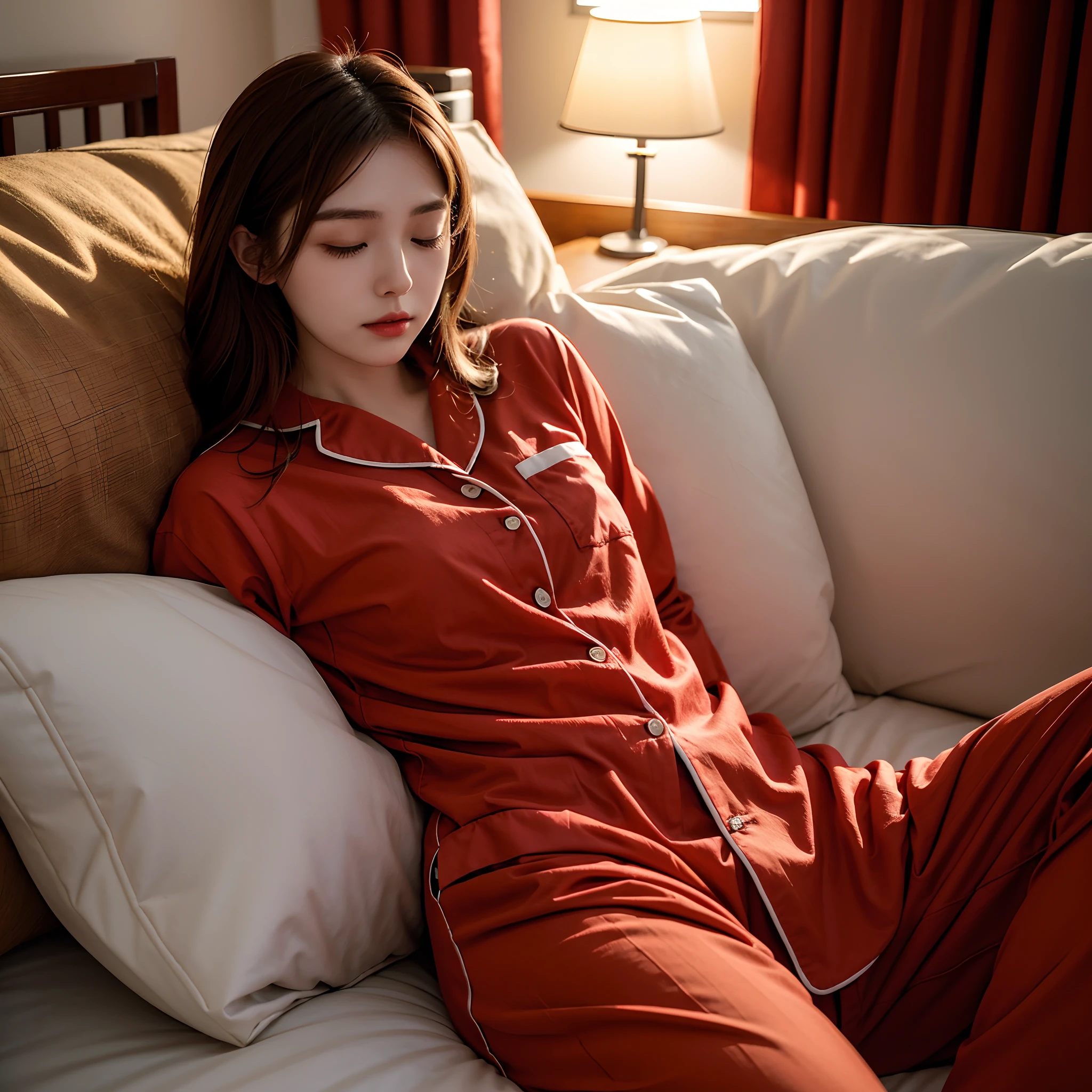 Sleeping girl，22 year old，realisticlying，She wore long trousers，Wearing red gauze pajamas，brown  hair。