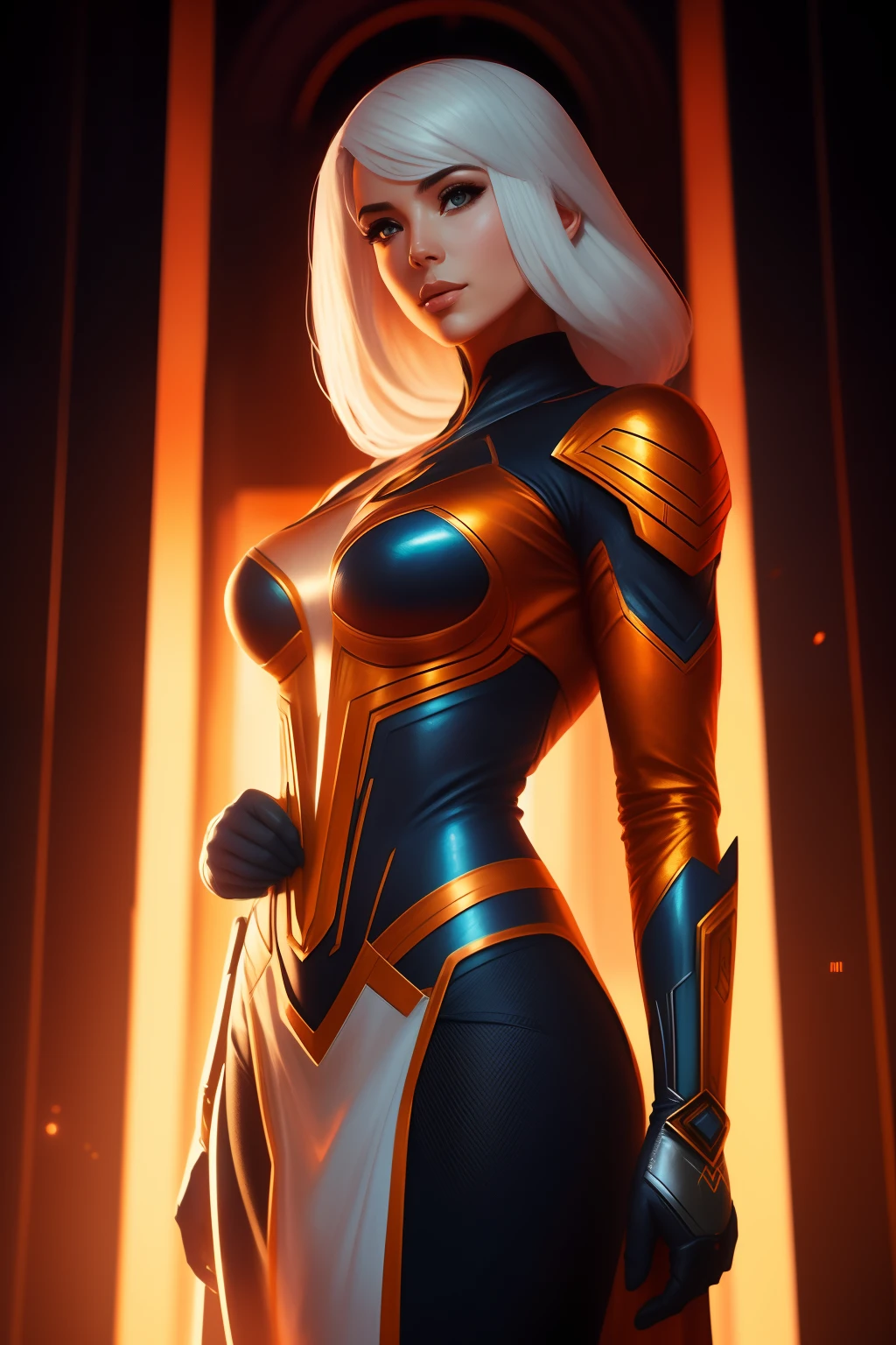Arte similar Jonh Buscema,mulher 25 anos astronauta bonito 1950 , olhos azuis profundos, Clothes in orange color metallic white details, cinemactic, photo shoot, Meia luz de fundo, luz de fundo, dramatic lighting , Incandescente, soft lighting, Insanamente detalhado e intrincado, Hiper maximalista, Art not Guweiz style, pose elegante, Dynamic, fotografia, volumetric , ultra detalhado, detalhes intrincados, Obra-prima super detalhada de Guweiz, futuristic environment