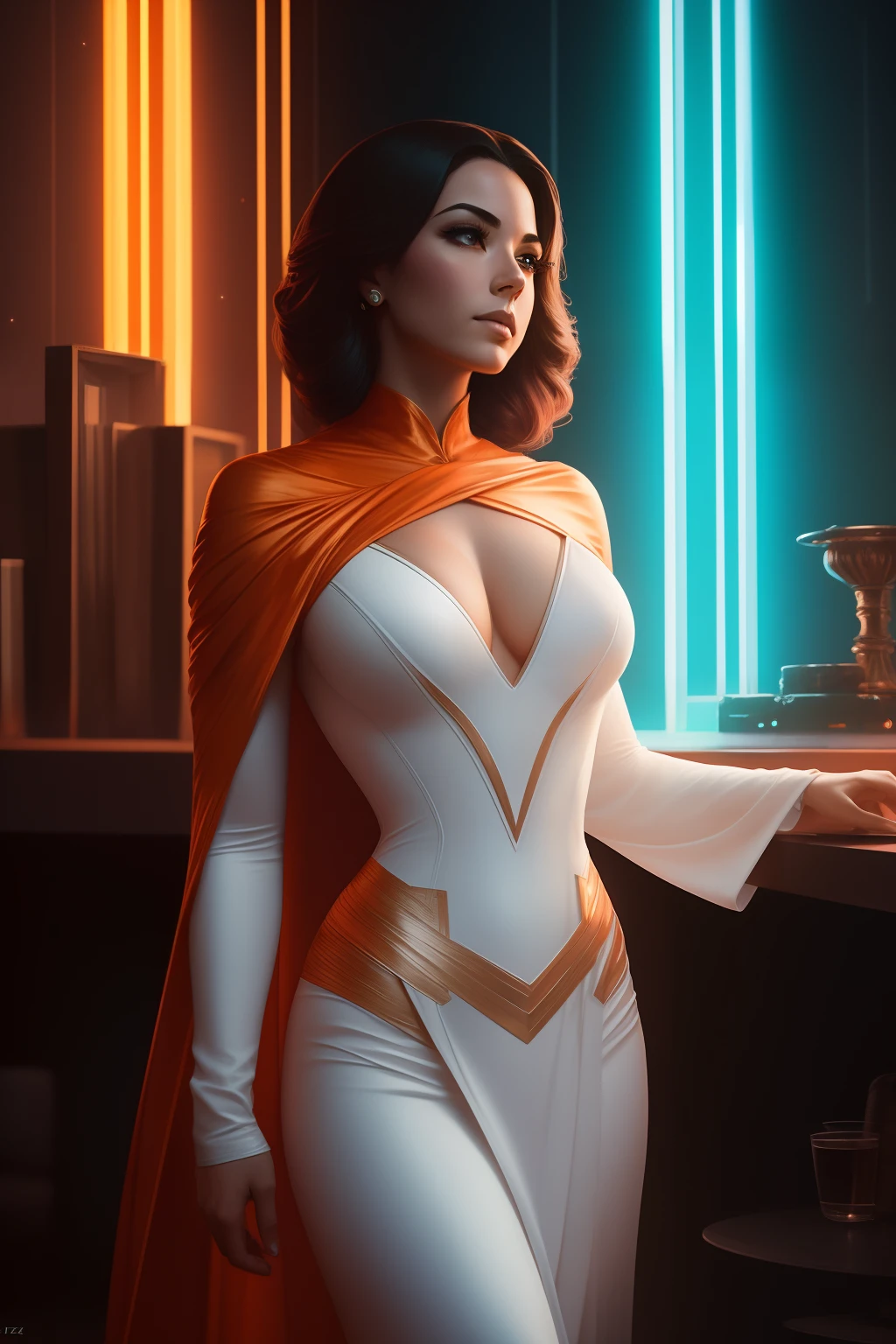 Arte similar Jonh Buscema,mulher 25 anos astronauta bonito 1950 , olhos azuis profundos, Clothes in orange color metallic white details, cinemactic, photo shoot, Meia luz de fundo, luz de fundo, dramatic lighting , Incandescente, soft lighting, Insanamente detalhado e intrincado, Hiper maximalista, Art not Guweiz style, pose elegante, Dynamic, fotografia, volumetric , ultra detalhado, detalhes intrincados, Obra-prima super detalhada de Guweiz, futuristic environment