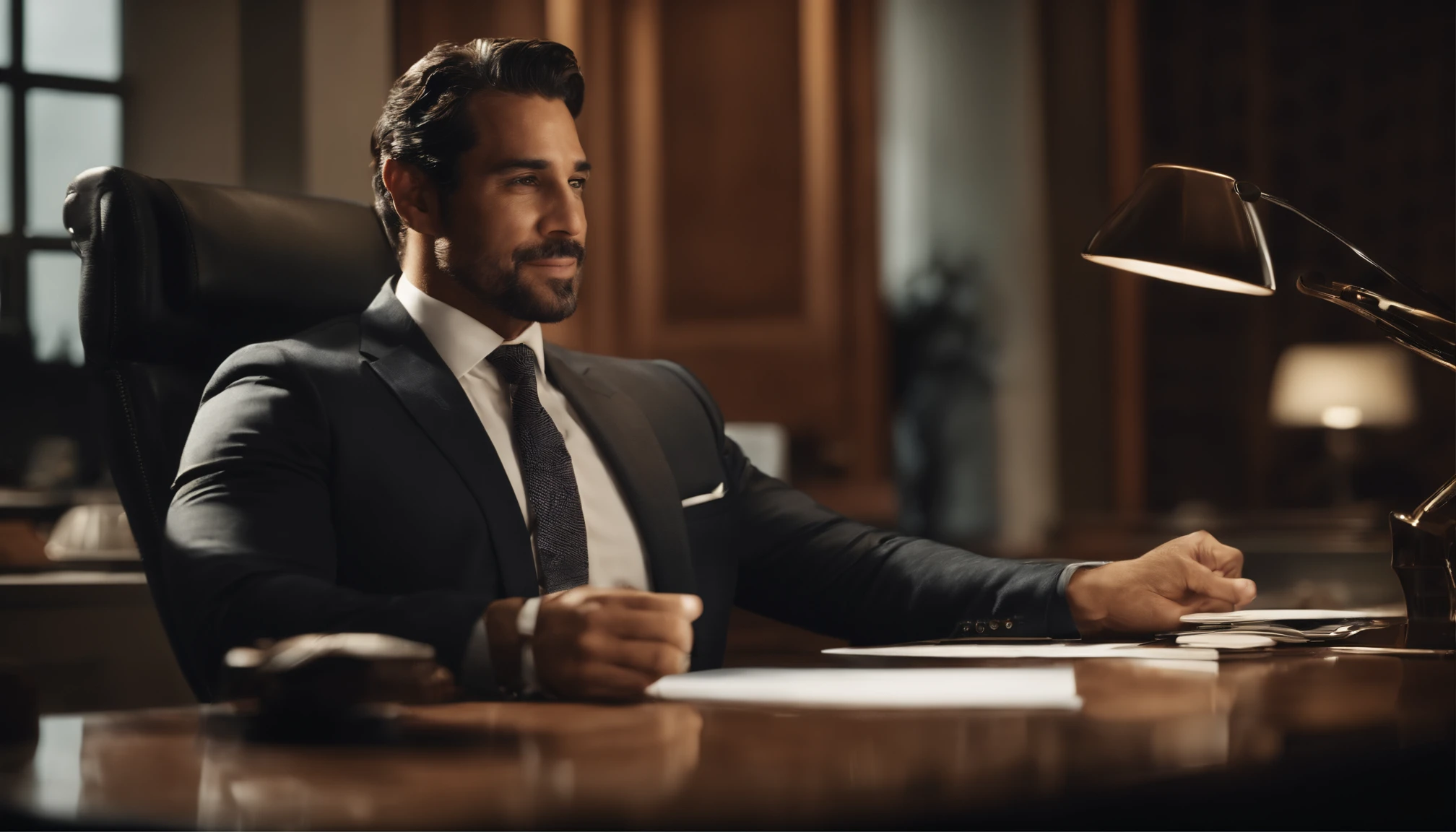 Visualize o Pai Rico como um homem confiante e elegante, com um sorriso sutil no rosto, Discussing financial strategies in a well-lit office