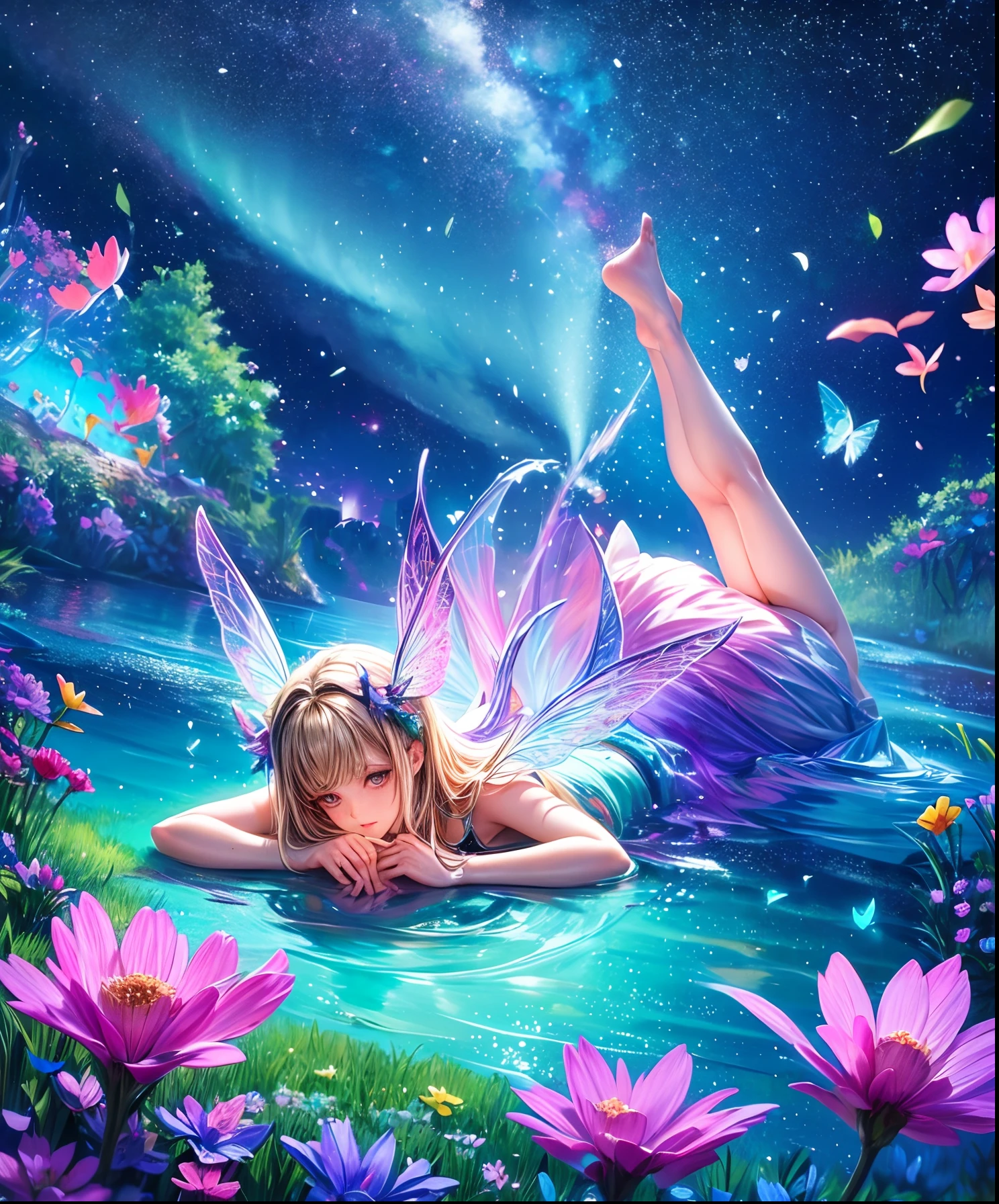 Cute girl character describes a scene lying on water with grassy butterflies flying around, Looking up at the starry sky. Surround her with colorful nebulae and her favorite constellations.