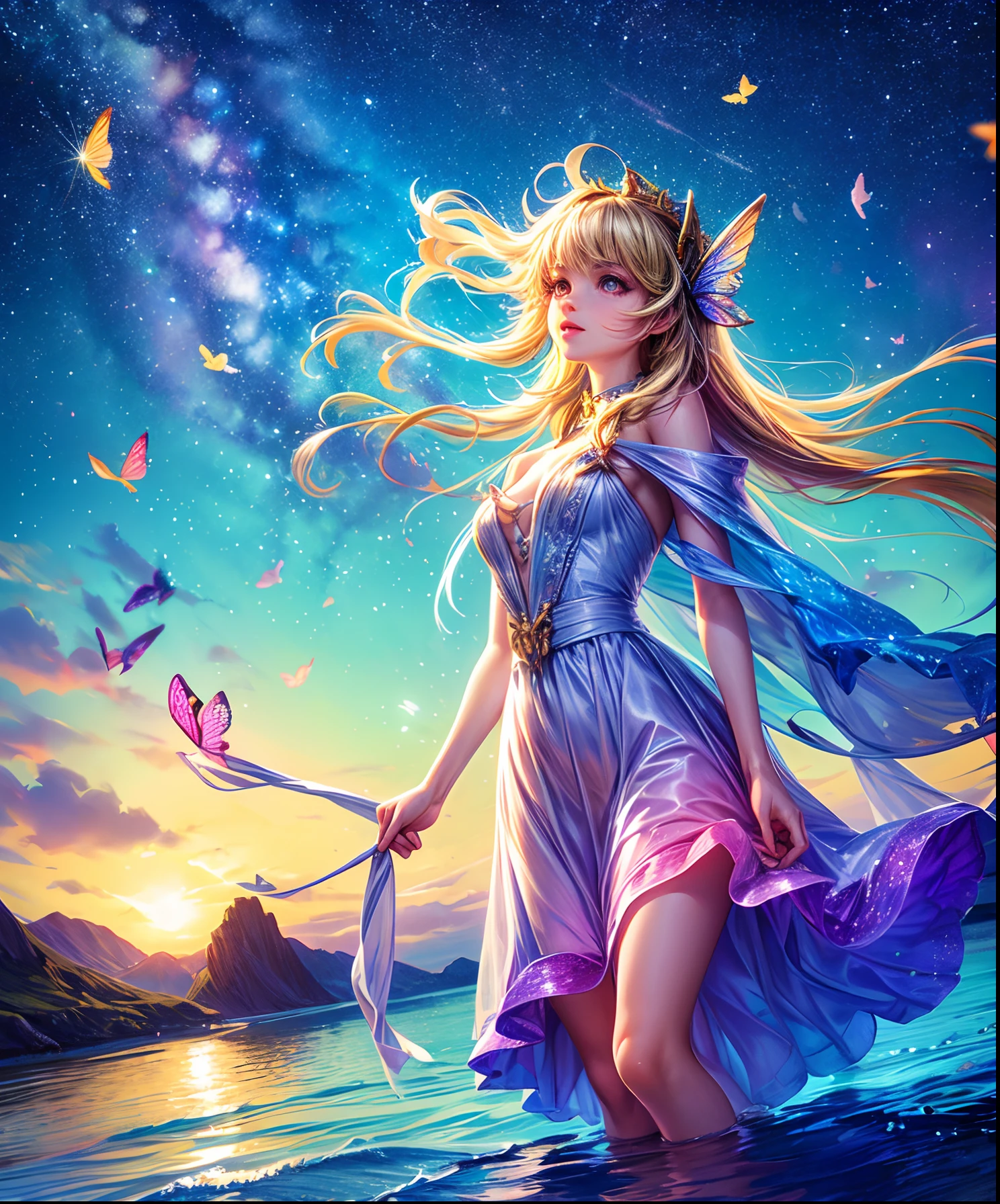 Cute girl character describes a scene lying on water with grassy butterflies flying around, Looking up at the starry sky. Surround her with colorful nebulae and her favorite constellations.