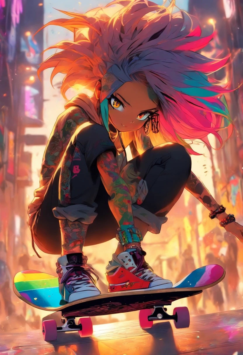 The most beautiful and sexy skateboard girl, rainbow colored hair, yellow eyes, wearing hoodie, graphic t-shirt, torn skinny jeans and highly detailed skateboard gear, tons of tattoos and piercings, highly detailed background, perfect masterpiece, high quality, high resolution
