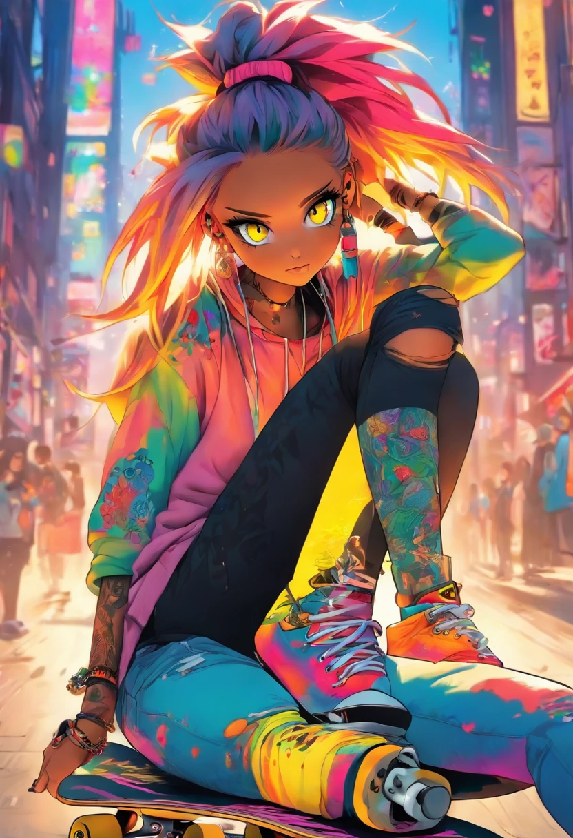 The most beautiful and sexy skateboard girl, rainbow colored hair, yellow eyes, wearing hoodie, graphic t-shirt, torn skinny jeans and highly detailed skateboard gear, tons of tattoos and piercings, highly detailed background, perfect masterpiece, high quality, high resolution