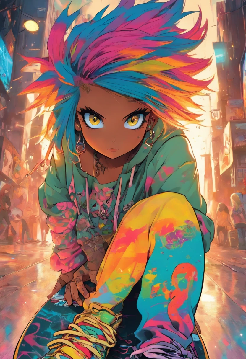 The most beautiful and sexy skateboard girl, rainbow colored hair, yellow eyes, wearing hoodie, graphic t-shirt, torn skinny jeans and highly detailed skateboard gear, tons of tattoos and piercings, highly detailed background, perfect masterpiece, high quality, high resolution