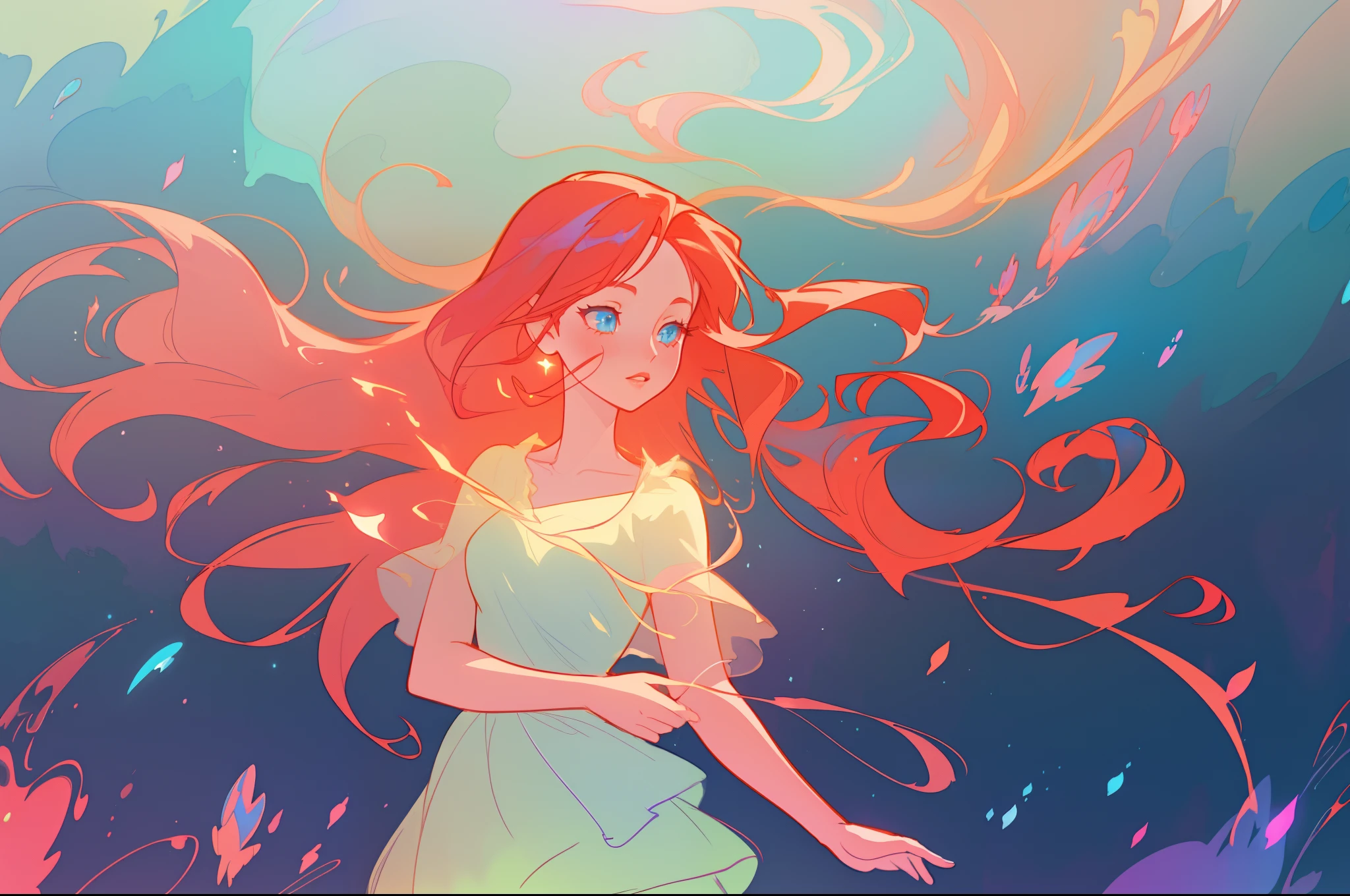 beautiful anime girl in flowing layered dress, inspired by Glen Keane, long flowing red hair, inspired by Lois van Baarle, (disney art style), by Lois van Baarle, glowing aura around her, by Glen Keane, jen bartel, glowing lights! digital painting, flowing glowing hair, glowing flowing hair, beautiful digital illustration, fantasia background, whimsical, magical, fantasy, beautiful face, ((masterpiece, best quality)), intricate details, highly detailed, sharp focus, 8k resolution, sparkling detailed eyes, liquid watercolor