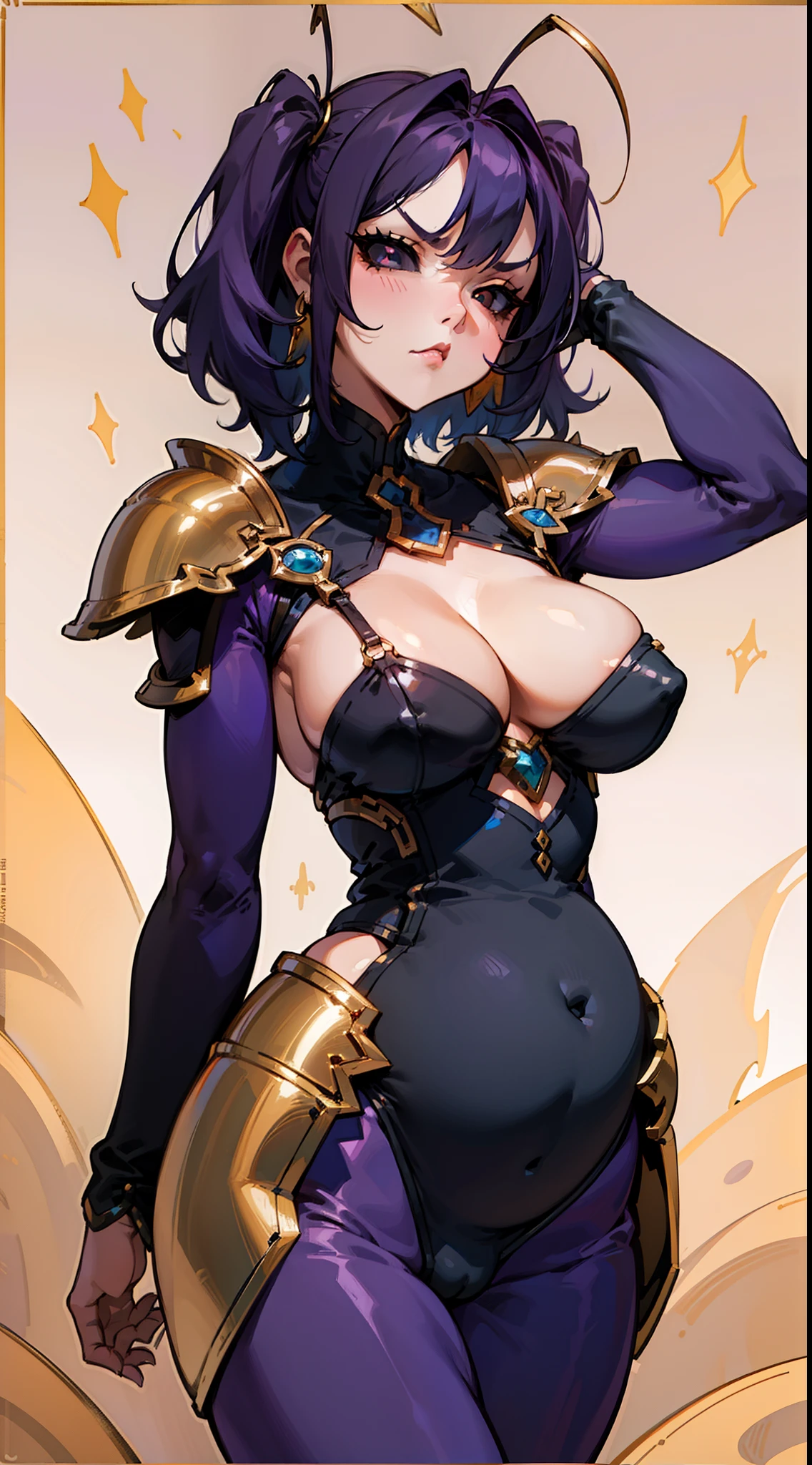 (Original Character,8k, Masterpiece, Best Quality,Detailed, Beautiful Detailed Eyes, solo),mature female,40years old,pregnant,tall,cleavage,big breasts,sexy,fine skin,cowboy shot,(black eyes),black sclera,purple hair,twintail hair,medium hair,pantyhoses,(((hair 2antennas))),gold armor,walking in castle,angry face,