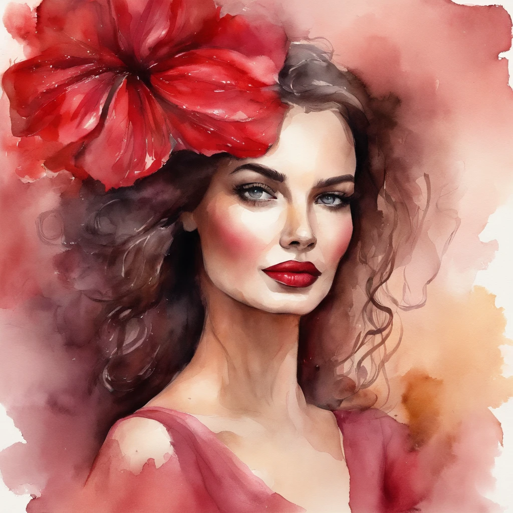 Mulher com vestido vermelho comprido, usando batom vermelho, uma rosa vermelha no cabelo, grande profundidade de campo, Arte Digital, obra prima, Qualidade UHD". RPG