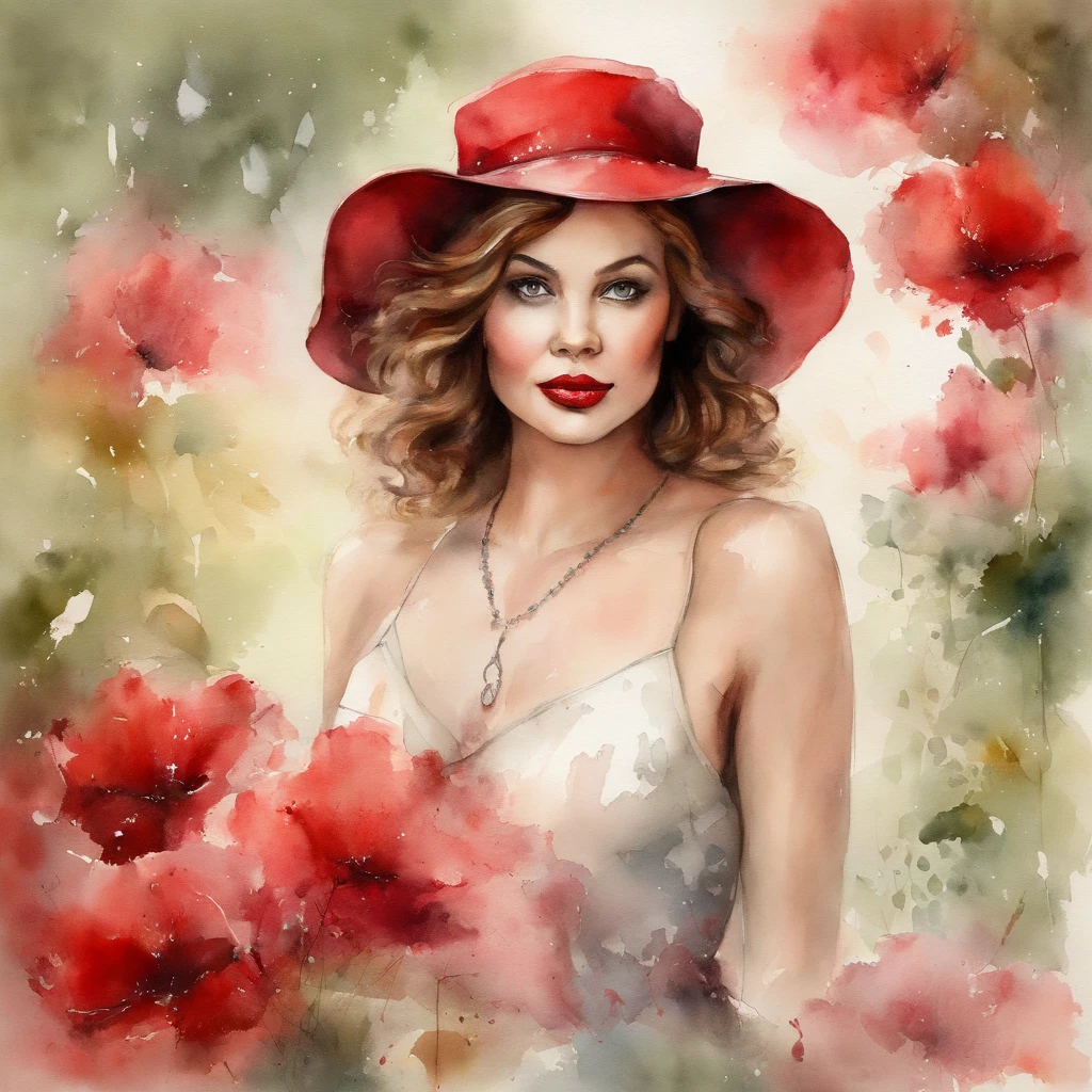 Mulher com vestido vermelho comprido, usando batom vermelho, uma rosa vermelha no cabelo, grande profundidade de campo, Arte Digital, obra prima, Qualidade UHD". RPG