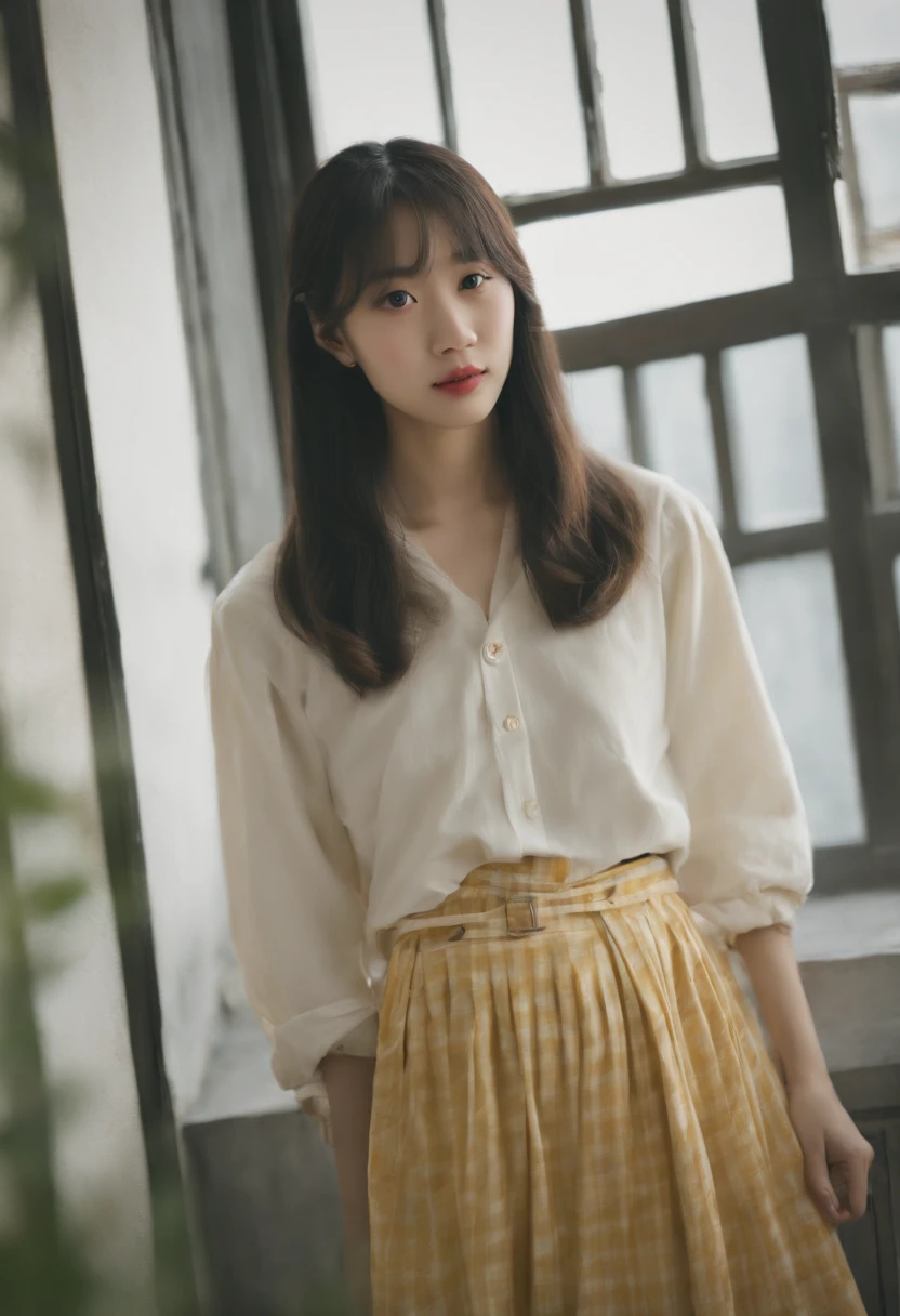 top-quality, Photorealsitic, ​masterpiece, 8K, Hi-Res, 独奏, 1girl, (((infp young woman))),sixteen years old、full bodyesbian、(small tits), ((Look at viewers)), (look at a camera), ((Various hairstyles close to long)）、Perfect straight black hair、With bangs、 (profetional lighting), Highly detailed bright face、Gentle Japan girl、Lovely smile face yellow t-shirt（long-sleeve）、Checked pleated skirt、Standing in front of a white wall