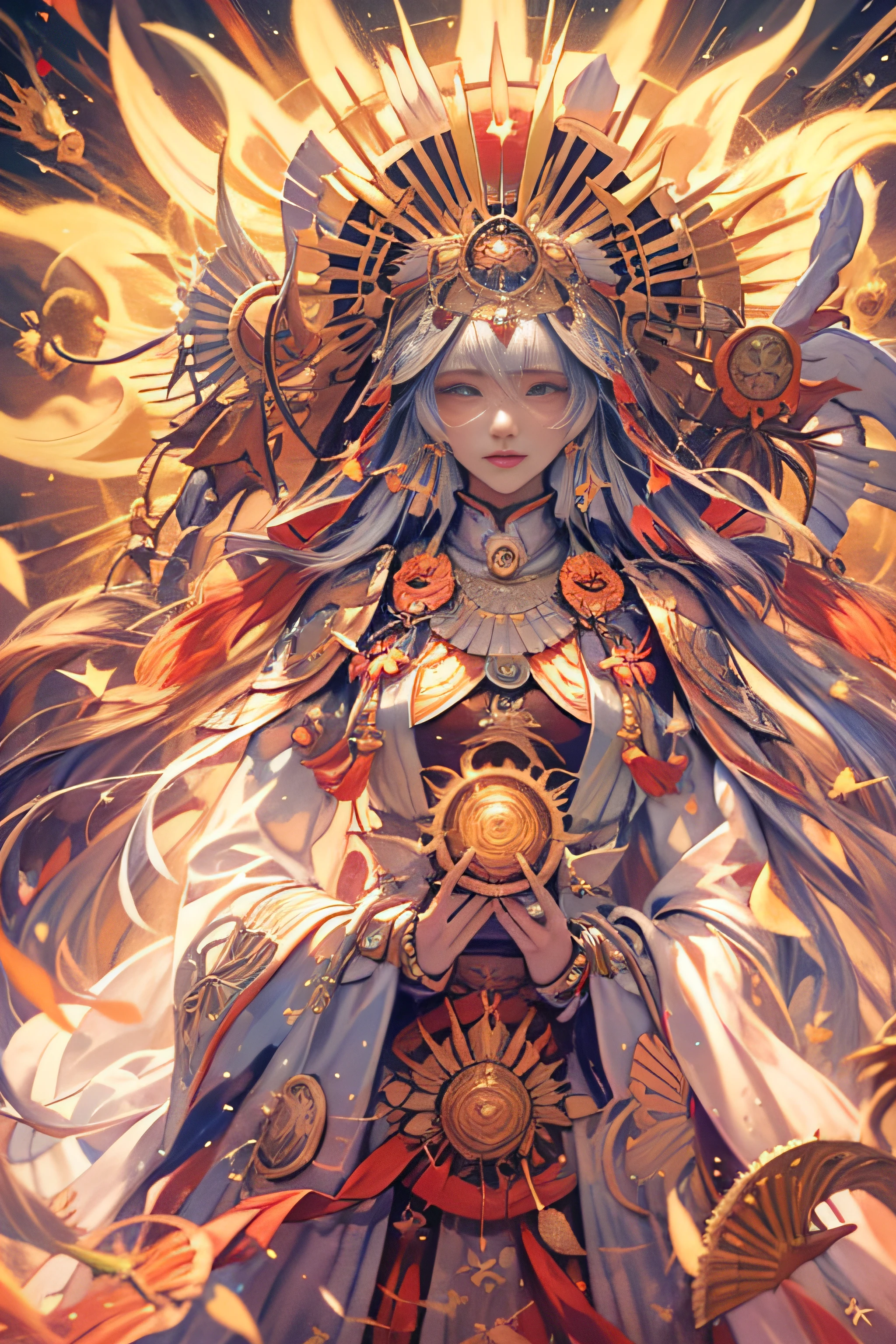 masterpiece, best quality,unity 8k wallpaper, ultra detailed, beautiful and aesthetic, beautiful, official art, amaterasu priestess, sun disk, solar flare spell, sun goddess's blessing, divine intervention,