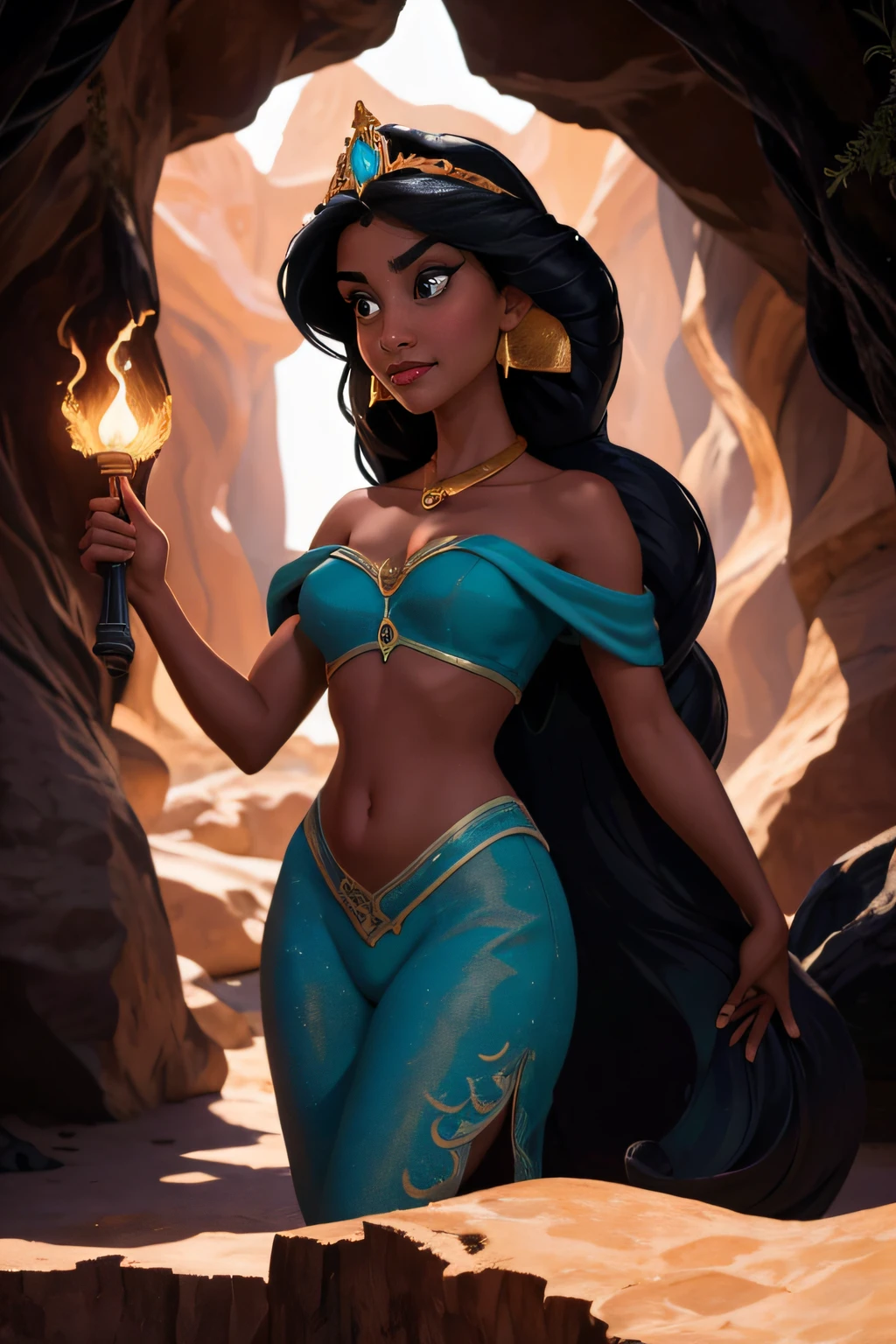 (Masterpiece, Best Quality, Highres:1.2), Detailed, Intricate Details, 4K, 1Girl, (Solo:1.2), jasmine, long hair, breasts, black hair, navel, cleavage, bare shoulders, brown eyes, jewelry, earrings, midriff, dark skin, necklace, off shoulder, blurry, dark-skinned female, crop top, blue shirt, clenched hands, circlet, off-shoulder shirt, arabian clothes, looking at viewer, Princess Jasmine had always been known for her adventurous spirit. Despite living a life of luxury and privilege within the walls of the palace in Agrabah, she had a yearning for something more. She longed for experiences beyond the palace gardens, the bustling marketplace, and the opulent halls of her home. Her heart craved adventure, and on this particular day, that yearning led her to a place she had never ventured before—a hidden cave on the outskirts of the kingdom.
The cave had been a subject of local legends and stories, whispered about by the townsfolk. They spoke of it as a place of mystery and magic, a cavern untouched by time itself. Jasmine, always curious and fearless, decided to explore this enigmatic location, accompanied only by her loyal tiger companion, Rajah.
As she stood at the cave's entrance, Jasmine couldn't help but feel a sense of trepidation. The opening was wide and dark, and an eerie silence enveloped the surroundings. It was as if the cave held its breath, waiting for her to step inside. But she couldn't resist the allure of the unknown. Holding a torch high, she ignited it with a small flame and took her first step into the cavern's depths.
The torch's flame flickered and cast dancing shadows on the rough, uneven walls of the cave. The light revealed ancient markings etched into the stone, symbols of a language long forgotten. Jasmine's eyes sparkled with curiosity as she traced her fingers over the mysterious carvings. The cave seemed to be a place of historical significance, and she was determined to uncover its secrets.