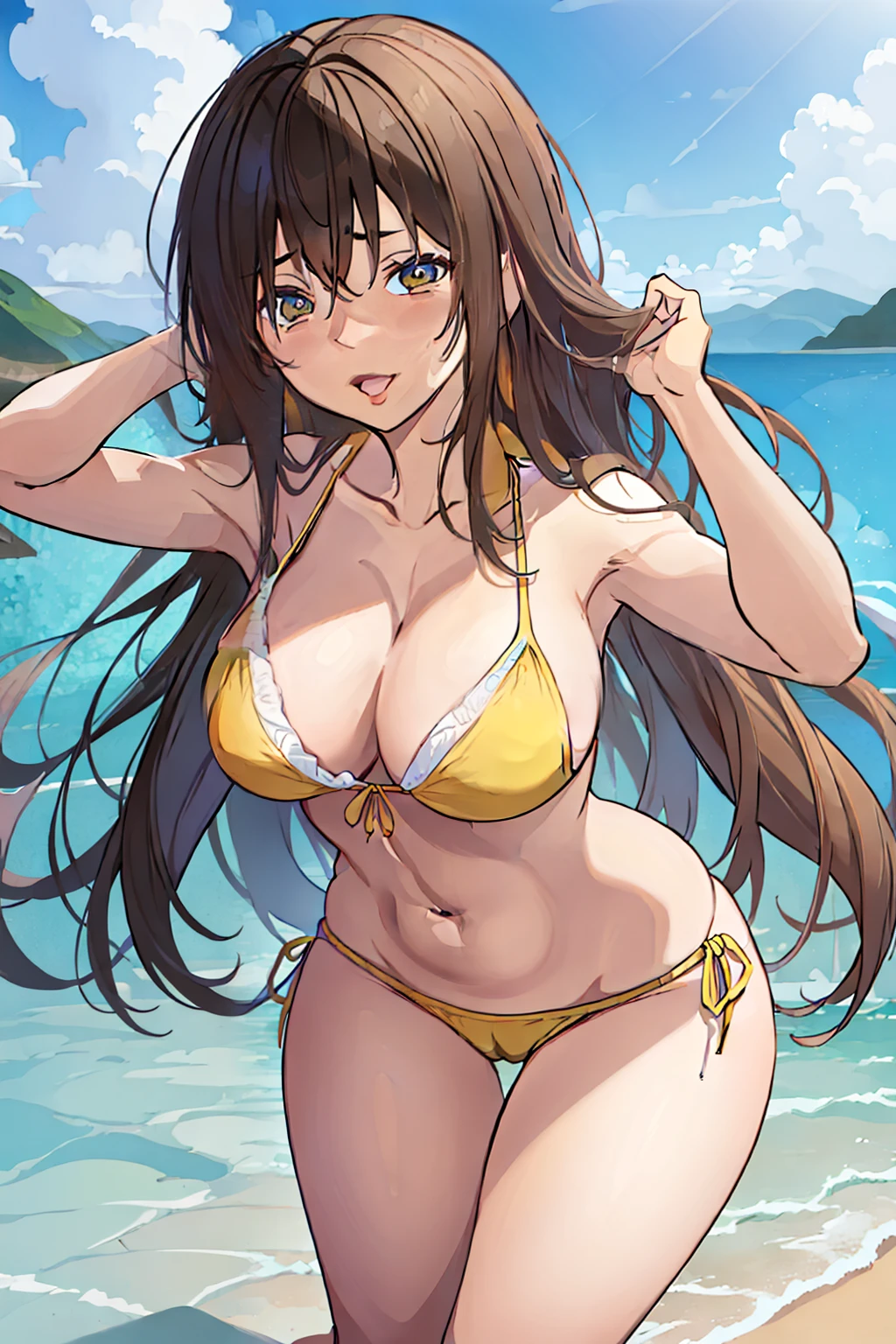 Kotegawayui, Yui Kotegawa, 独奏、Black hair, (Brown eyes:1.5), Long hair, BREAK looking at viewer, BREAK (masutepiece:1.2), Best Quality, High resolution, Unity 8k壁纸, (Illustration:0.8), (Beautiful detailed eyes:1.6), extra detailed face, Perfect Lighting, extremely details CG, (Perfect hands, Perfect Anatomy),Naughty big、large full breasts、(the beach)、(Yellow Bikini:1.3)、Smile with open mouth