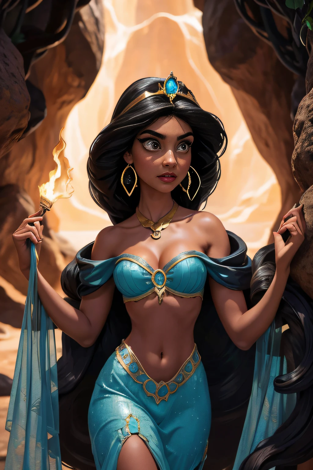 (Masterpiece, Best Quality, Highres:1.2), Detailed, Intricate Details, 4K, 1Girl, (Solo:1.2), jasmine, long hair, breasts, black hair, navel, cleavage, bare shoulders, brown eyes, jewelry, earrings, midriff, dark skin, necklace, off shoulder, blurry, dark-skinned female, crop top, blue shirt, clenched hands, circlet, off-shoulder shirt, arabian clothes, looking at viewer, Princess Jasmine had always been known for her adventurous spirit. Despite living a life of luxury and privilege within the walls of the palace in Agrabah, she had a yearning for something more. She longed for experiences beyond the palace gardens, the bustling marketplace, and the opulent halls of her home. Her heart craved adventure, and on this particular day, that yearning led her to a place she had never ventured before—a hidden cave on the outskirts of the kingdom.
The cave had been a subject of local legends and stories, whispered about by the townsfolk. They spoke of it as a place of mystery and magic, a cavern untouched by time itself. Jasmine, always curious and fearless, decided to explore this enigmatic location, accompanied only by her loyal tiger companion, Rajah.
As she stood at the cave's entrance, Jasmine couldn't help but feel a sense of trepidation. The opening was wide and dark, and an eerie silence enveloped the surroundings. It was as if the cave held its breath, waiting for her to step inside. But she couldn't resist the allure of the unknown. Holding a torch high, she ignited it with a small flame and took her first step into the cavern's depths.
The torch's flame flickered and cast dancing shadows on the rough, uneven walls of the cave. The light revealed ancient markings etched into the stone, symbols of a language long forgotten. Jasmine's eyes sparkled with curiosity as she traced her fingers over the mysterious carvings. The cave seemed to be a place of historical significance, and she was determined to uncover its secrets.