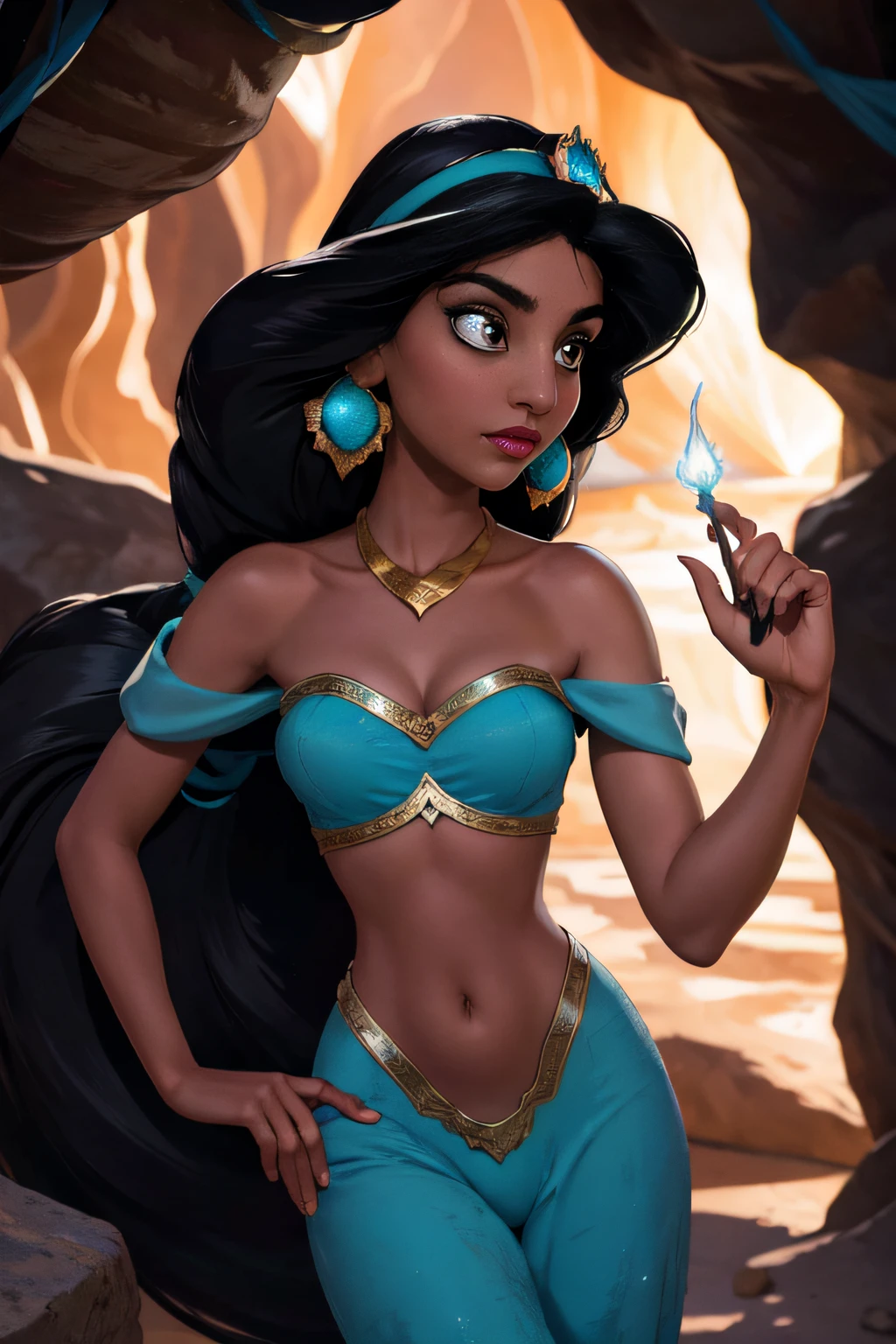 (Masterpiece, Best Quality, Highres:1.2), Detailed, Intricate Details, 4K, 1Girl, (Solo:1.2), jasmine, long hair, breasts, black hair, navel, cleavage, bare shoulders, brown eyes, jewelry, earrings, midriff, dark skin, necklace, off shoulder, blurry, dark-skinned female, crop top, blue shirt, clenched hands, circlet, off-shoulder shirt, arabian clothes, looking at viewer, Princess Jasmine had always been known for her adventurous spirit. Despite living a life of luxury and privilege within the walls of the palace in Agrabah, she had a yearning for something more. She longed for experiences beyond the palace gardens, the bustling marketplace, and the opulent halls of her home. Her heart craved adventure, and on this particular day, that yearning led her to a place she had never ventured before a hidden cave on the outskirts of the kingdom.
The cave had been a subject of local legends and stories, whispered about by the townsfolk. They spoke of it as a place of mystery and magic, a cavern untouched by time itself. Jasmine, always curious and fearless, decided to explore this enigmatic location, accompanied only by her loyal tiger companion, Rajah.
As she stood at the cave's entrance, Jasmine couldn't help but feel a sense of trepidation. The opening was wide and dark, and an eerie silence enveloped the surroundings. It was as if the cave held its breath, waiting for her to step inside. But she couldn't resist the allure of the unknown. Holding a torch high, she ignited it with a small flame and took her first step into the cavern's depths.
The torch's flame flickered and cast dancing shadows on the rough, uneven walls of the cave. The light revealed ancient markings etched into the stone, symbols of a language long forgotten. Jasmine's eyes sparkled with curiosity as she traced her fingers over the mysterious carvings. The cave seemed to be a place of historical significance, and she was determined to uncover its secrets.