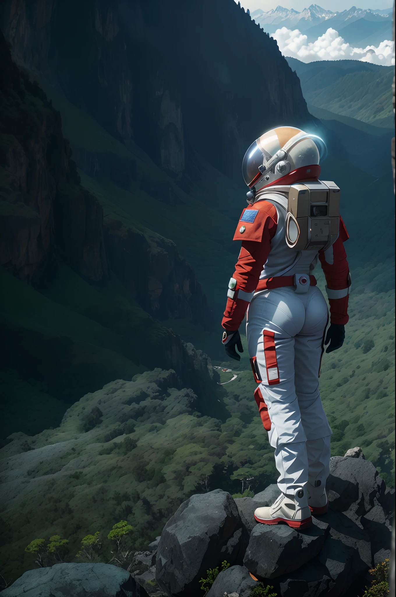 (35mmstyle:1.2), Highly detailed RAW color Photo, Rear Angle, Full Body, of (female space marine, wearing white and red space suit, futuristic helmet, tined face shield, rebreather, accentuated booty), outdoors, (standing on Precipice of tall rocky mountain, looking out at magical lush green rain forest on alien planet), vivid detail, (exotic alien planet), toned body, big butt, (sci-fi), (mountains:1.1), (lush green vegetation), (two moons in sky:0.8), (highly detailed, hyperdetailed, intricate), (lens flare:0.7), (bloom:0.7), particle effects, raytracing, cinematic lighting, shallow depth of field, photographed on a Sony a9 II, 35mm wide angle lens, sharp focus, cinematic film still from Gravity 2013, viewed from behind, dynamic angle