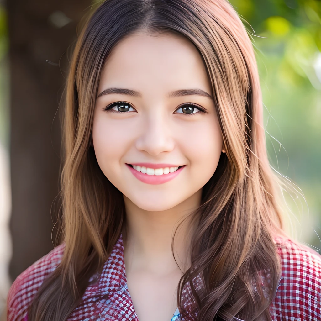 Looking at the audience, light makeup, realism, realistic photos, professional color correction, 8K, F2.4 aperture, 35mm lens, only the face area is included, smile, 18 years old