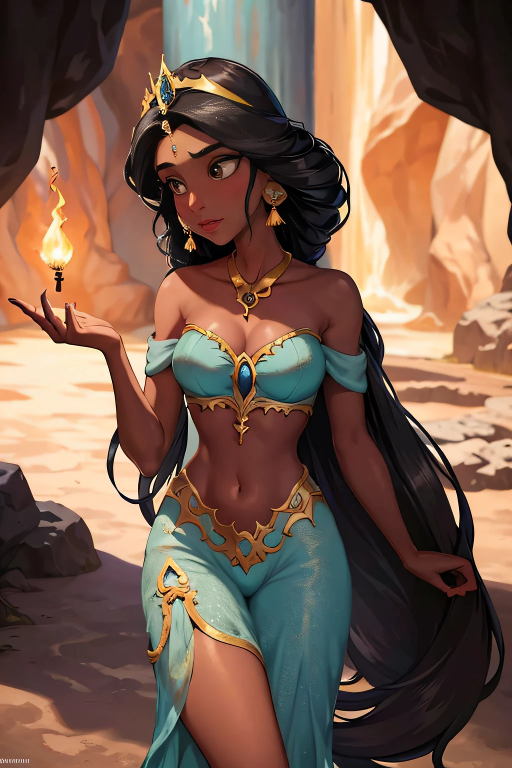 (Masterpiece, Best Quality, Highres:1.2), Detailed, Intricate Details, 4K, 1Girl, (Solo:1.2), jasmine, long hair, breasts, black hair, navel, cleavage, bare shoulders, brown eyes, jewelry, earrings, midriff, dark skin, necklace, off shoulder, blurry, dark-skinned female, crop top, blue shirt, clenched hands, circlet, off-shoulder shirt, arabian clothes, looking at viewer, Princess Jasmine had always been known for her adventurous spirit. Despite living a life of luxury and privilege within the walls of the palace in Agrabah, she had a yearning for something more. She longed for experiences beyond the palace gardens, the bustling marketplace, and the opulent halls of her home. Her heart craved adventure, and on this particular day, that yearning led her to a place she had never ventured before—a hidden cave on the outskirts of the kingdom.
The cave had been a subject of local legends and stories, whispered about by the townsfolk. They spoke of it as a place of mystery and magic, a cavern untouched by time itself. Jasmine, always curious and fearless, decided to explore this enigmatic location, accompanied only by her loyal tiger companion, Rajah.
As she stood at the cave's entrance, Jasmine couldn't help but feel a sense of trepidation. The opening was wide and dark, and an eerie silence enveloped the surroundings. It was as if the cave held its breath, waiting for her to step inside. But she couldn't resist the allure of the unknown. Holding a torch high, she ignited it with a small flame and took her first step into the cavern's depths.
The torch's flame flickered and cast dancing shadows on the rough, uneven walls of the cave. The light revealed ancient markings etched into the stone, symbols of a language long forgotten. Jasmine's eyes sparkled with curiosity as she traced her fingers over the mysterious carvings. The cave seemed to be a place of historical significance, and she was determined to uncover its secrets.