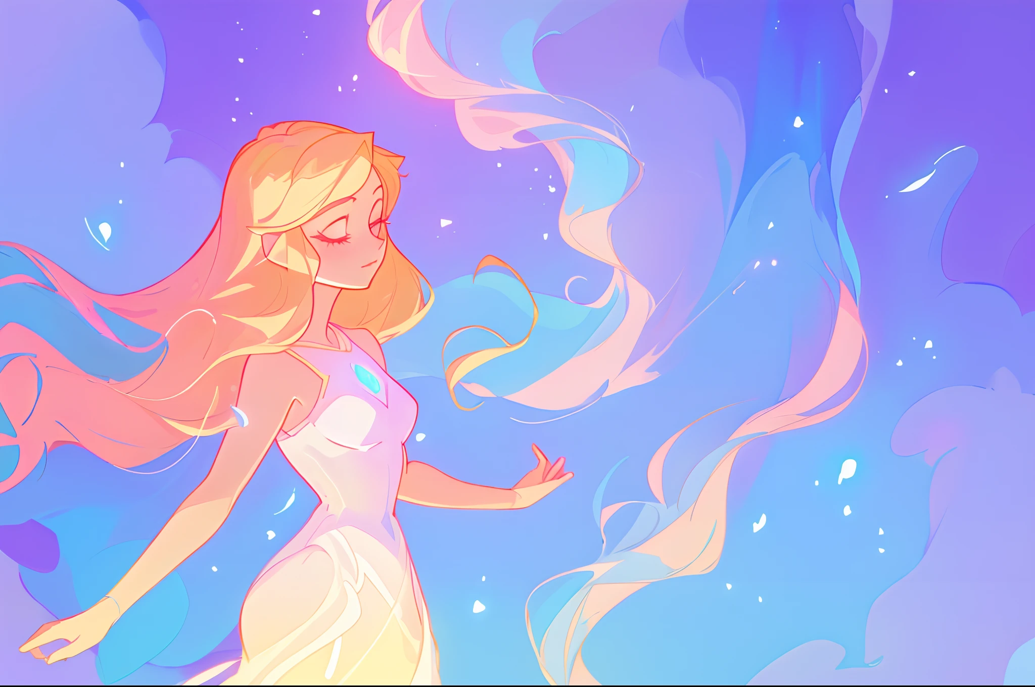 anime, a girl with long hair, princess flowing gown, long glowing ethereal hair, glowing flowing hair, flowing glowing hair, anime girl with cosmic hair, beautiful young wind spirit, long glowing hair, beautiful anime art style, beautiful digital illustration, ethereal anime, a beautiful artwork illustration, blonde anime girl with long hair, inspired by Glen Keane, inspired by Lois van Baarle, disney art style, by Lois van Baarle, glowing aura around her, by Glen Keane, jen bartel, glowing lights
